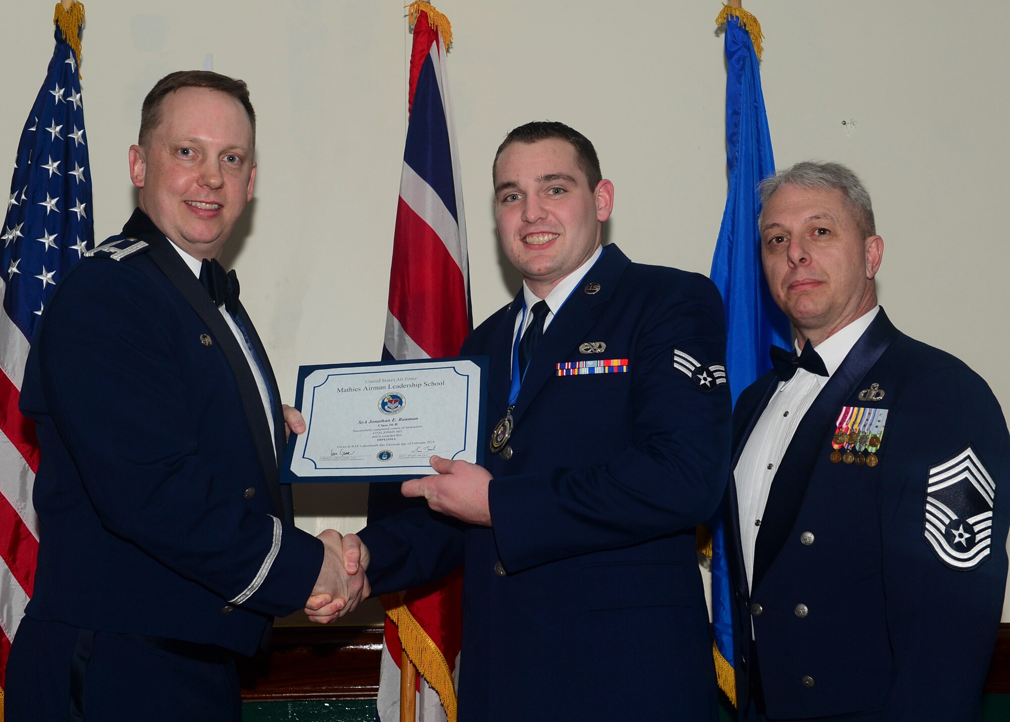 Airmen graduated from Mathies Airman Leadership School, Royal Air Force Feltwell, England at RAF Lakenheath, Feb. 11, 2016. ALS strives to provide Airmen with the ability to be strategic thinkers, planners and warfighters as well as leadership and management skills. (U.S. Air Force photo by Senior Airman Nigel Sandridge/Released)