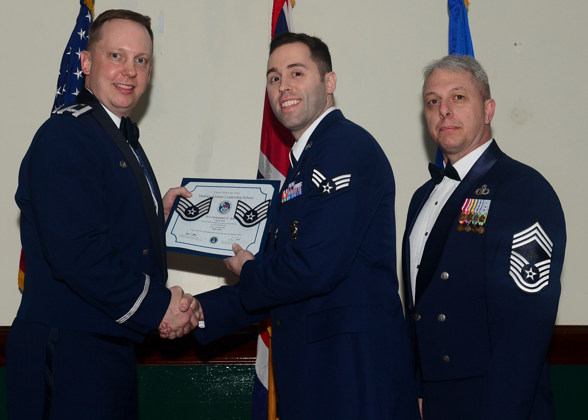 Airmen graduated from Mathies Airman Leadership School, Royal Air Force Feltwell, England at RAF Lakenheath, Feb. 11, 2016. ALS strives to provide Airmen with the ability to be strategic thinkers, planners and warfighters as well as leadership and management skills. (U.S. Air Force photo by Senior Airman Nigel Sandridge/Released)