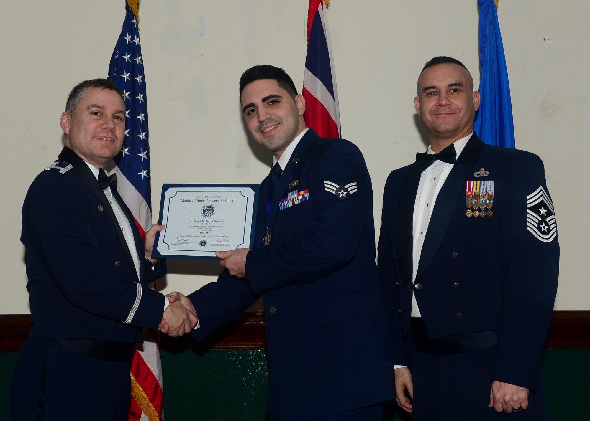 Airmen graduated from Mathies Airman Leadership School, Royal Air Force Feltwell, England at RAF Lakenheath, Feb. 11, 2016. ALS strives to provide Airmen with the ability to be strategic thinkers, planners and warfighters as well as leadership and management skills. (U.S. Air Force photo by Senior Airman Nigel Sandridge/Released)