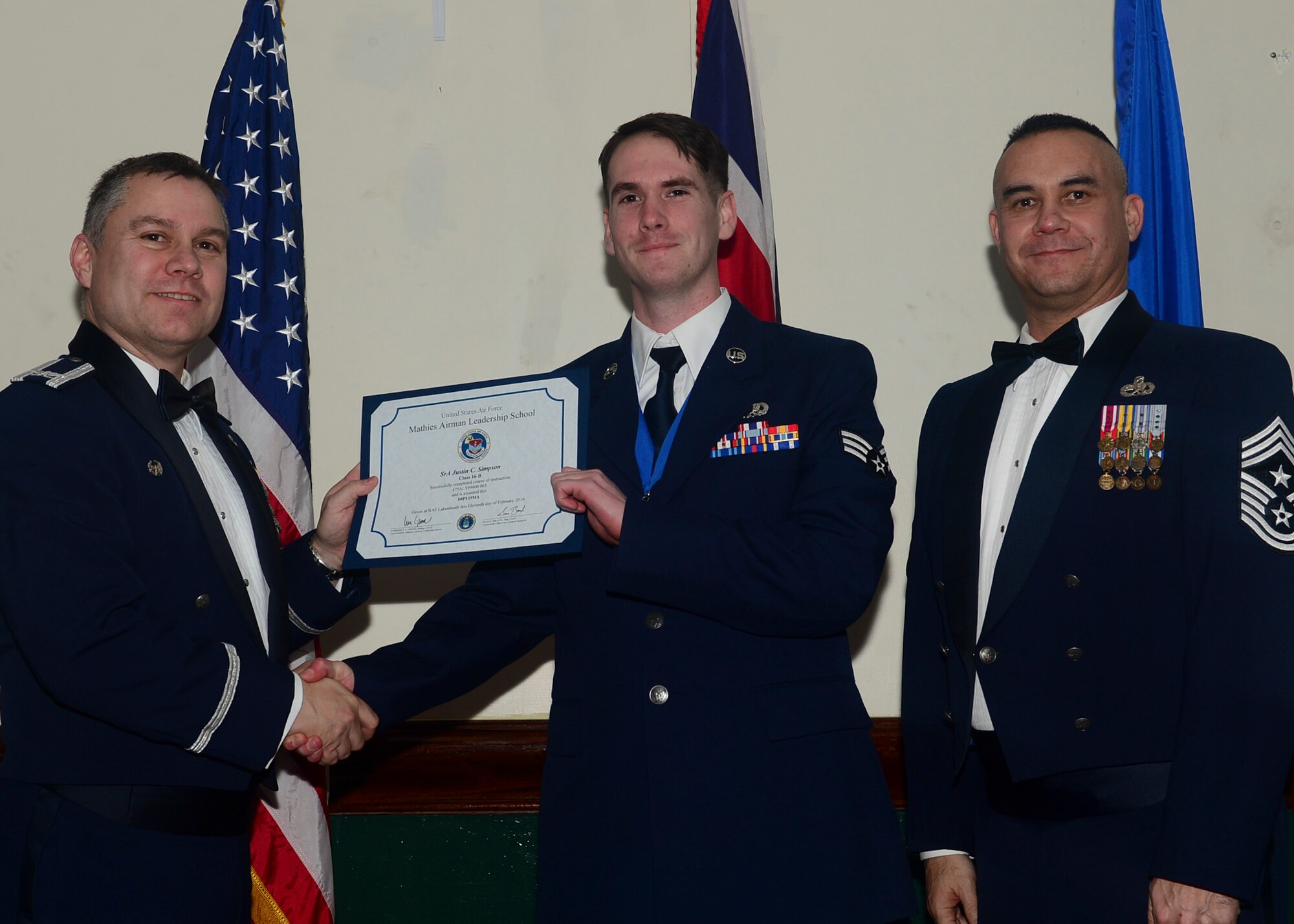 Airmen graduated from Mathies Airman Leadership School, Royal Air Force Feltwell, England at RAF Lakenheath, Feb. 11, 2016. ALS strives to provide Airmen with the ability to be strategic thinkers, planners and warfighters as well as leadership and management skills. (U.S. Air Force photo by Senior Airman Nigel Sandridge/Released)