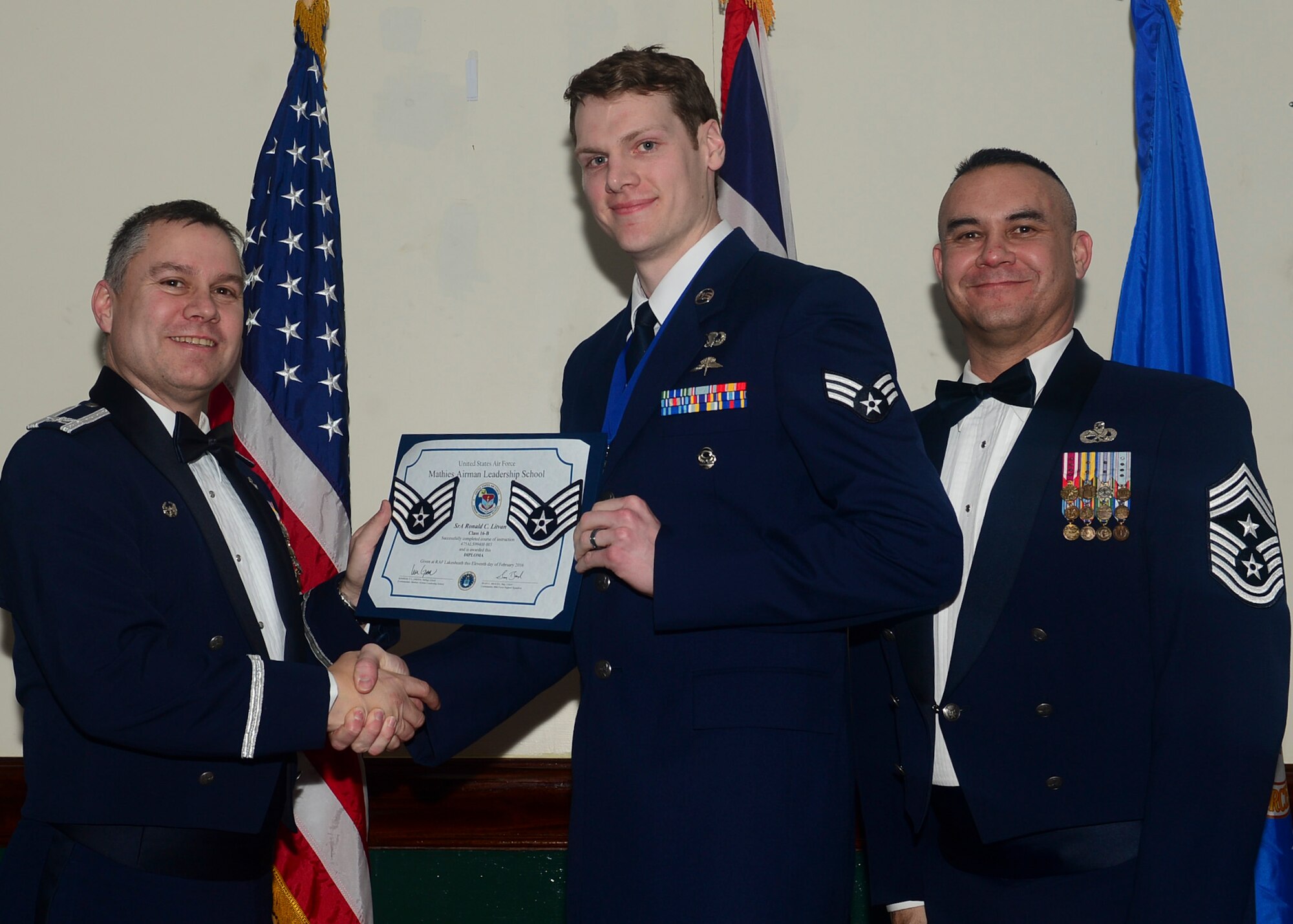 Airmen graduated from Mathies Airman Leadership School, Royal Air Force Feltwell, England at RAF Lakenheath, Feb. 11, 2016. ALS strives to provide Airmen with the ability to be strategic thinkers, planners and warfighters as well as leadership and management skills. (U.S. Air Force photo by Senior Airman Nigel Sandridge/Released)