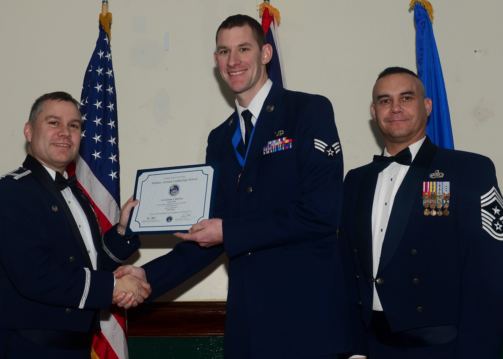 Airmen graduated from Mathies Airman Leadership School, Royal Air Force Feltwell, England at RAF Lakenheath, Feb. 11, 2016. ALS strives to provide Airmen with the ability to be strategic thinkers, planners and warfighters as well as leadership and management skills. (U.S. Air Force photo by Senior Airman Nigel Sandridge/Released)