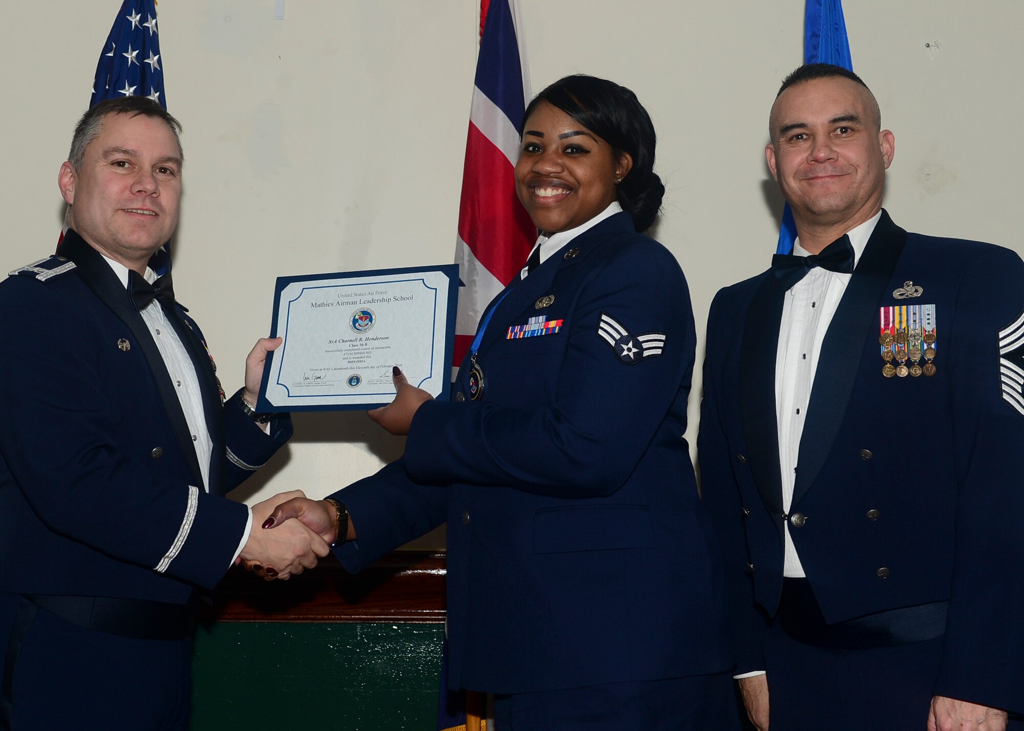Airmen graduated from Mathies Airman Leadership School, Royal Air Force Feltwell, England at RAF Lakenheath, Feb. 11, 2016. ALS strives to provide Airmen with the ability to be strategic thinkers, planners and warfighters as well as leadership and management skills. (U.S. Air Force photo by Senior Airman Nigel Sandridge/Released)