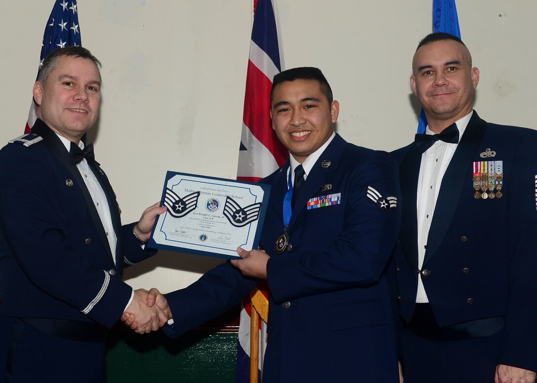 Airmen graduated from Mathies Airman Leadership School, Royal Air Force Feltwell, England at RAF Lakenheath, Feb. 11, 2016. ALS strives to provide Airmen with the ability to be strategic thinkers, planners and warfighters as well as leadership and management skills. (U.S. Air Force photo by Senior Airman Nigel Sandridge/Released)