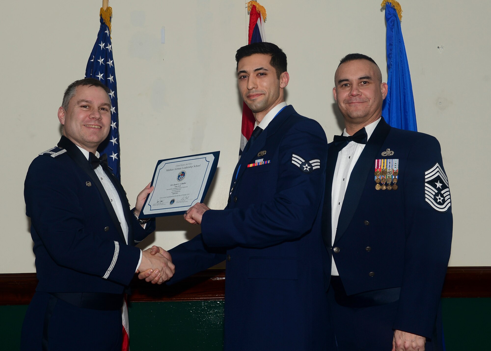 Airmen graduated from Mathies Airman Leadership School, Royal Air Force Feltwell, England at RAF Lakenheath, Feb. 11, 2016. ALS strives to provide Airmen with the ability to be strategic thinkers, planners and warfighters as well as leadership and management skills. (U.S. Air Force photo by Senior Airman Nigel Sandridge/Released)