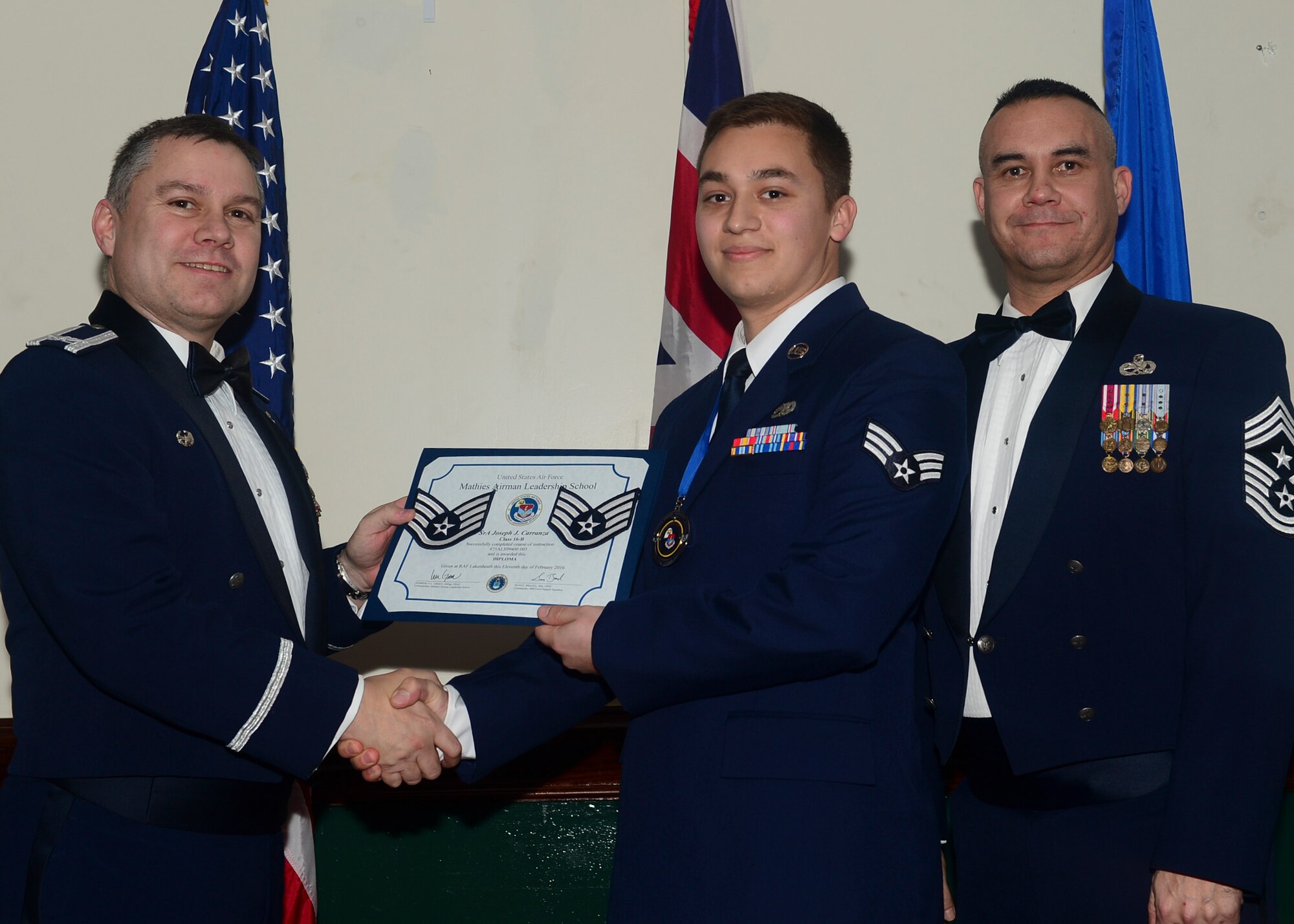 Airmen graduated from Mathies Airman Leadership School, Royal Air Force Feltwell, England at RAF Lakenheath, Feb. 11, 2016. ALS strives to provide Airmen with the ability to be strategic thinkers, planners and warfighters as well as leadership and management skills. (U.S. Air Force photo by Senior Airman Nigel Sandridge/Released)