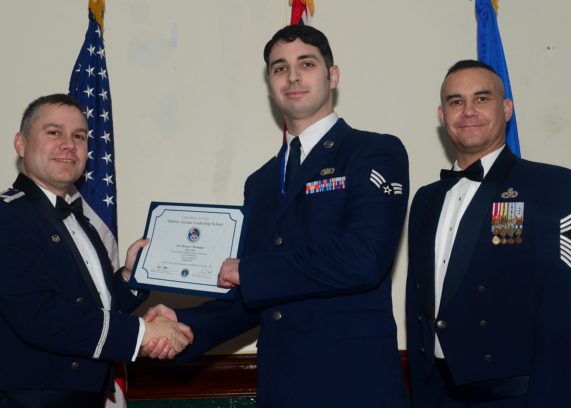 Airmen graduated from Mathies Airman Leadership School, Royal Air Force Feltwell, England at RAF Lakenheath, Feb. 11, 2016. ALS strives to provide Airmen with the ability to be strategic thinkers, planners and warfighters as well as leadership and management skills. (U.S. Air Force photo by Senior Airman Nigel Sandridge/Released)