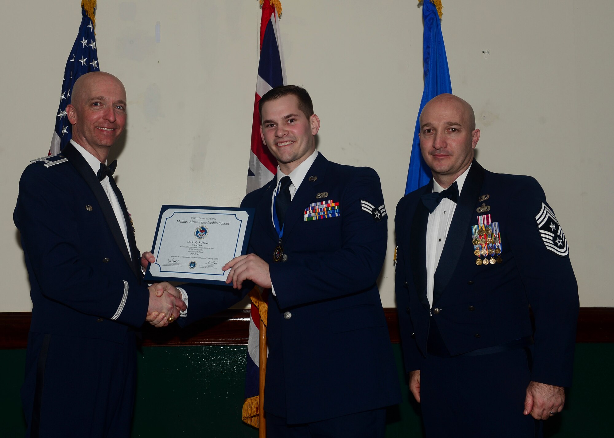 Airmen graduated from Mathies Airman Leadership School, Royal Air Force Feltwell, England at RAF Lakenheath, Feb. 11, 2016. ALS strives to provide Airmen with the ability to be strategic thinkers, planners and warfighters as well as leadership and management skills. (U.S. Air Force photo by Senior Airman Nigel Sandridge/Released)