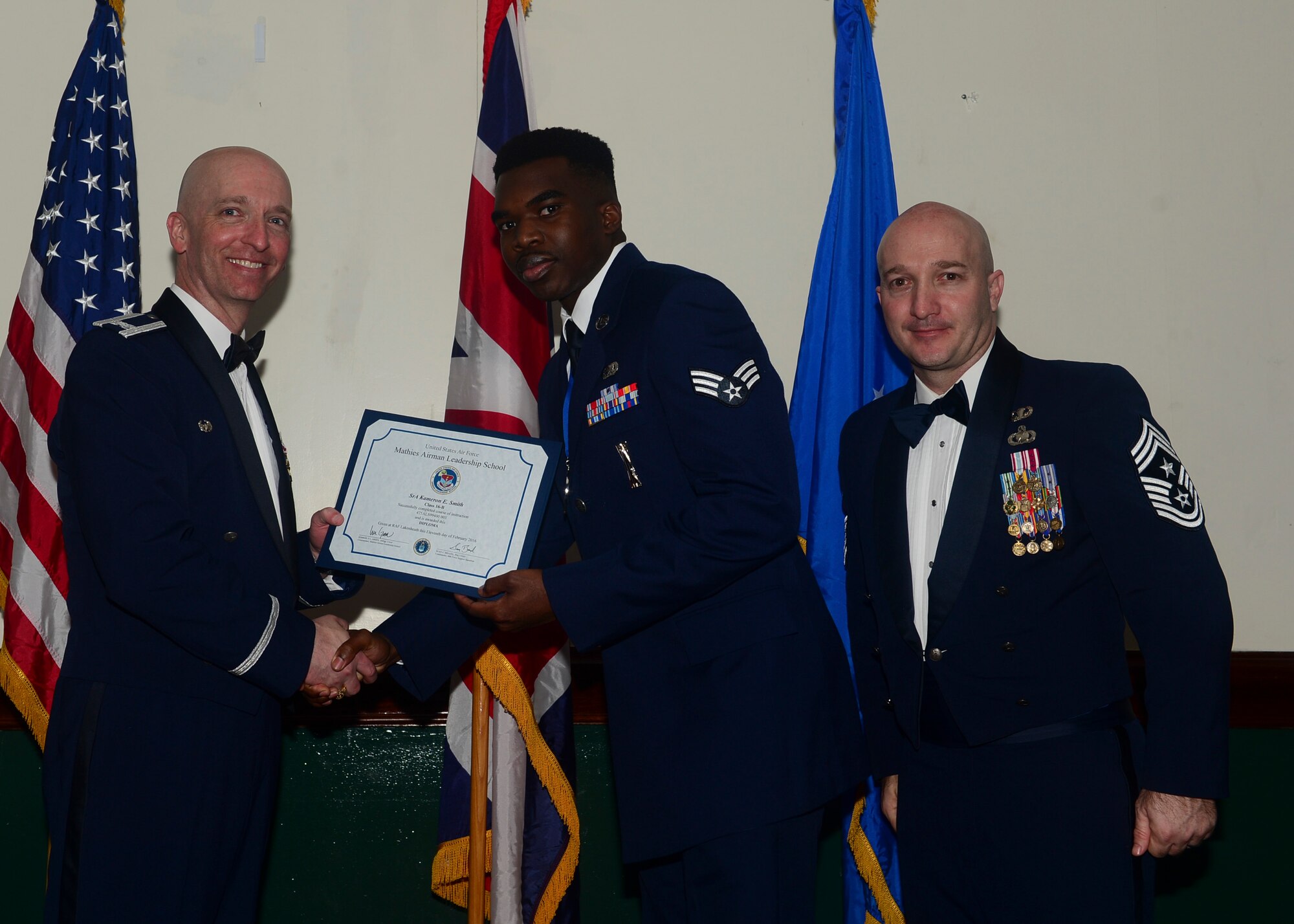 Airmen graduated from Mathies Airman Leadership School, Royal Air Force Feltwell, England at RAF Lakenheath, Feb. 11, 2016. ALS strives to provide Airmen with the ability to be strategic thinkers, planners and warfighters as well as leadership and management skills. (U.S. Air Force photo by Senior Airman Nigel Sandridge/Released)