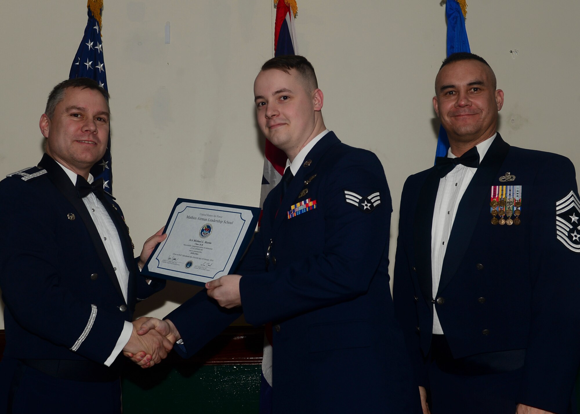 Airmen graduated from Mathies Airman Leadership School, Royal Air Force Feltwell, England at RAF Lakenheath, Feb. 11, 2016. ALS strives to provide Airmen with the ability to be strategic thinkers, planners and warfighters as well as leadership and management skills. (U.S. Air Force photo by Senior Airman Nigel Sandridge/Released)