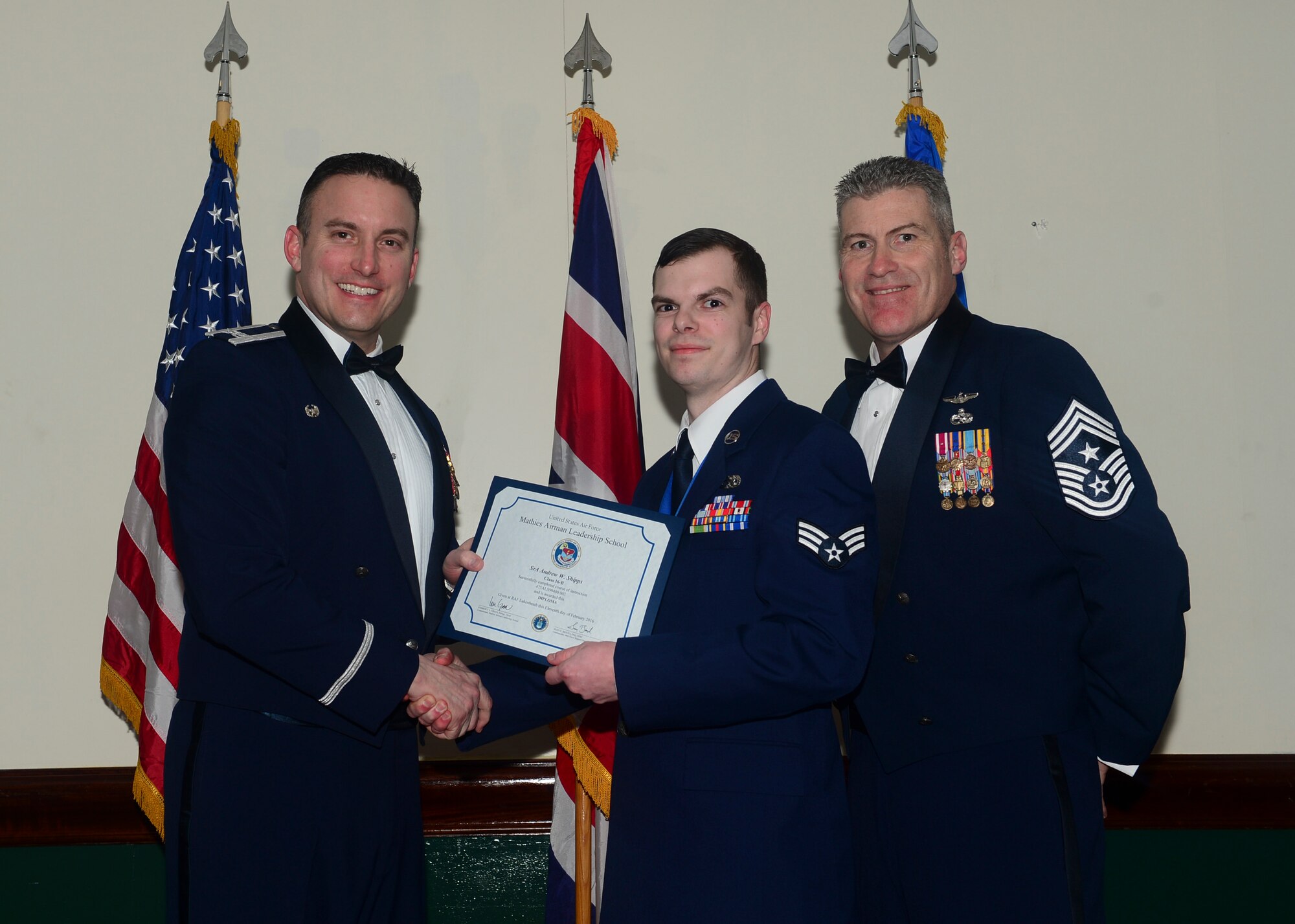 Airmen graduated from Mathies Airman Leadership School, Royal Air Force Feltwell, England at RAF Lakenheath, Feb. 11, 2016. ALS strives to provide Airmen with the ability to be strategic thinkers, planners and warfighters as well as leadership and management skills. (U.S. Air Force photo by Senior Airman Nigel Sandridge/Released)