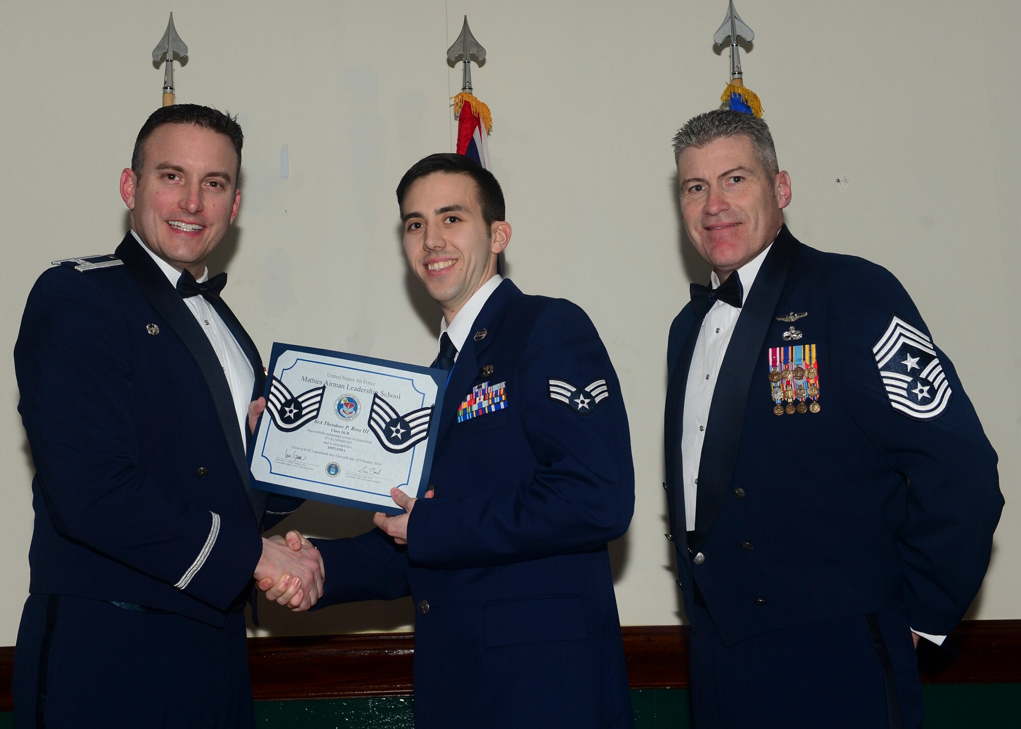 Airmen graduated from Mathies Airman Leadership School, Royal Air Force Feltwell, England at RAF Lakenheath, Feb. 11, 2016. ALS strives to provide Airmen with the ability to be strategic thinkers, planners and warfighters as well as leadership and management skills. (U.S. Air Force photo by Senior Airman Nigel Sandridge/Released)