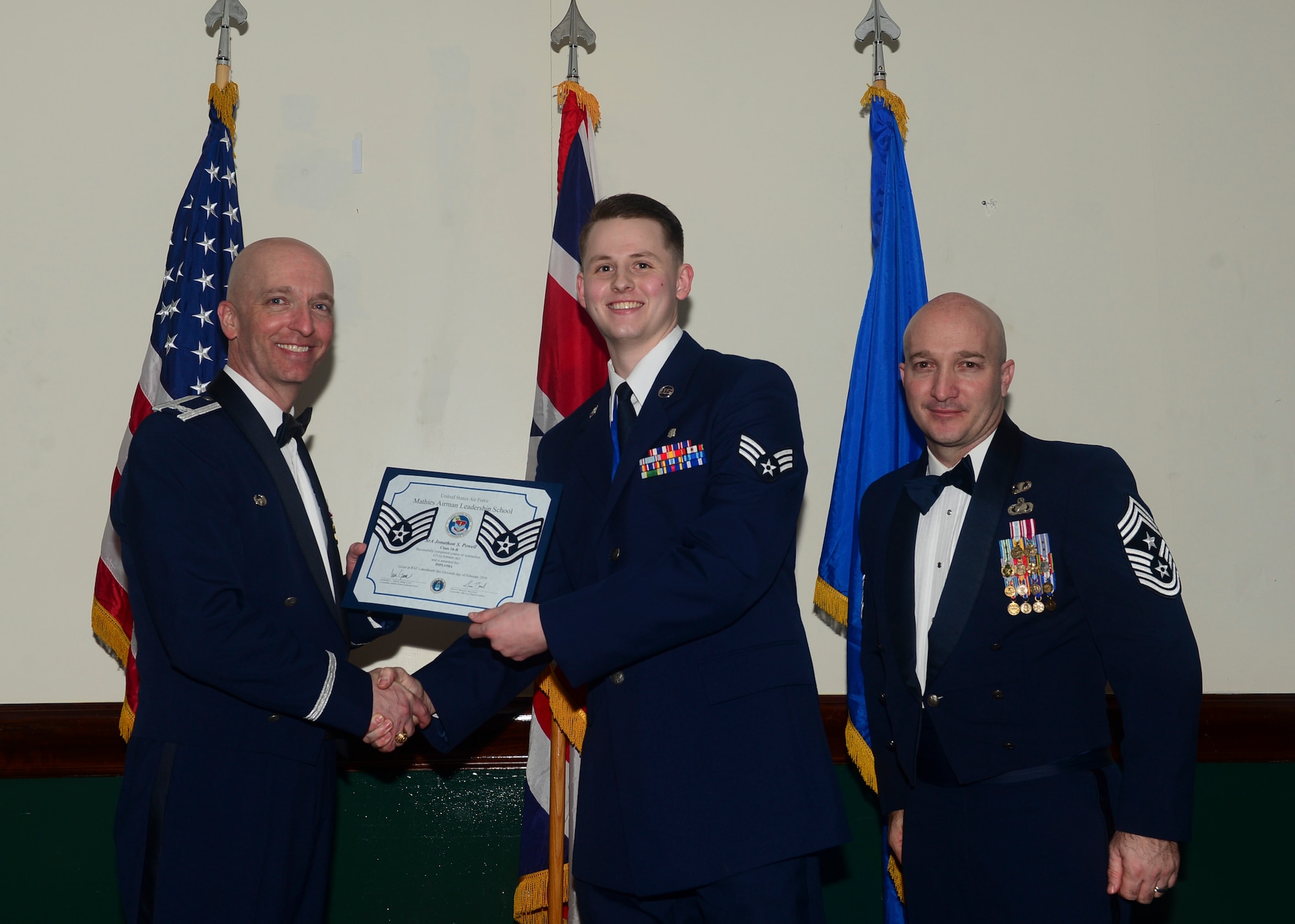 Airmen graduated from Mathies Airman Leadership School, Royal Air Force Feltwell, England at RAF Lakenheath, Feb. 11, 2016. ALS strives to provide Airmen with the ability to be strategic thinkers, planners and warfighters as well as leadership and management skills. (U.S. Air Force photo by Senior Airman Nigel Sandridge/Released)