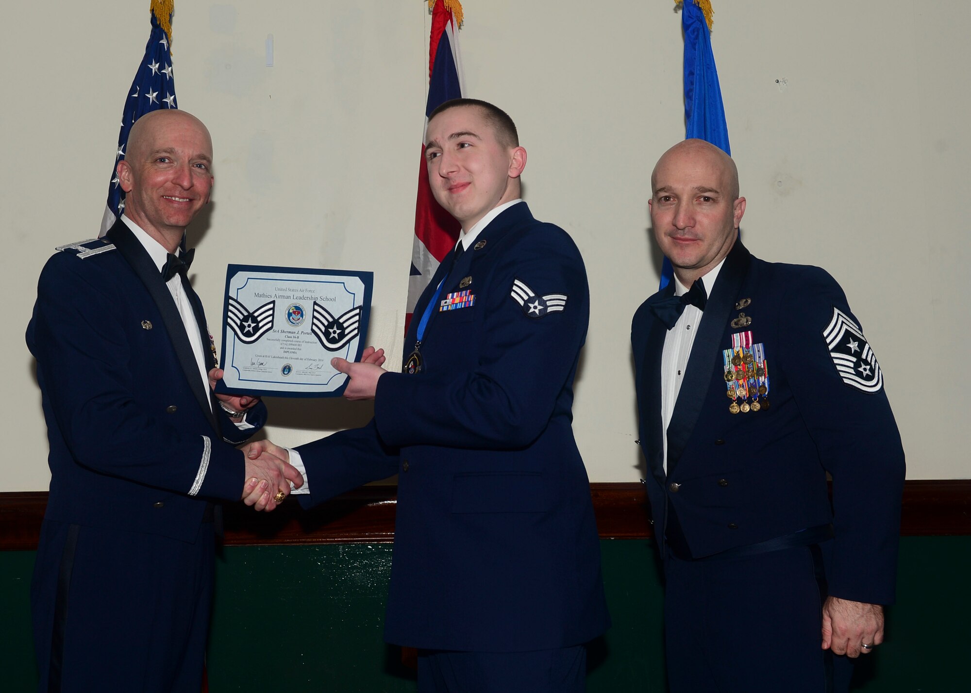Airmen graduated from Mathies Airman Leadership School, Royal Air Force Feltwell, England at RAF Lakenheath, Feb. 11, 2016. ALS strives to provide Airmen with the ability to be strategic thinkers, planners and warfighters as well as leadership and management skills. (U.S. Air Force photo by Senior Airman Nigel Sandridge/Released)