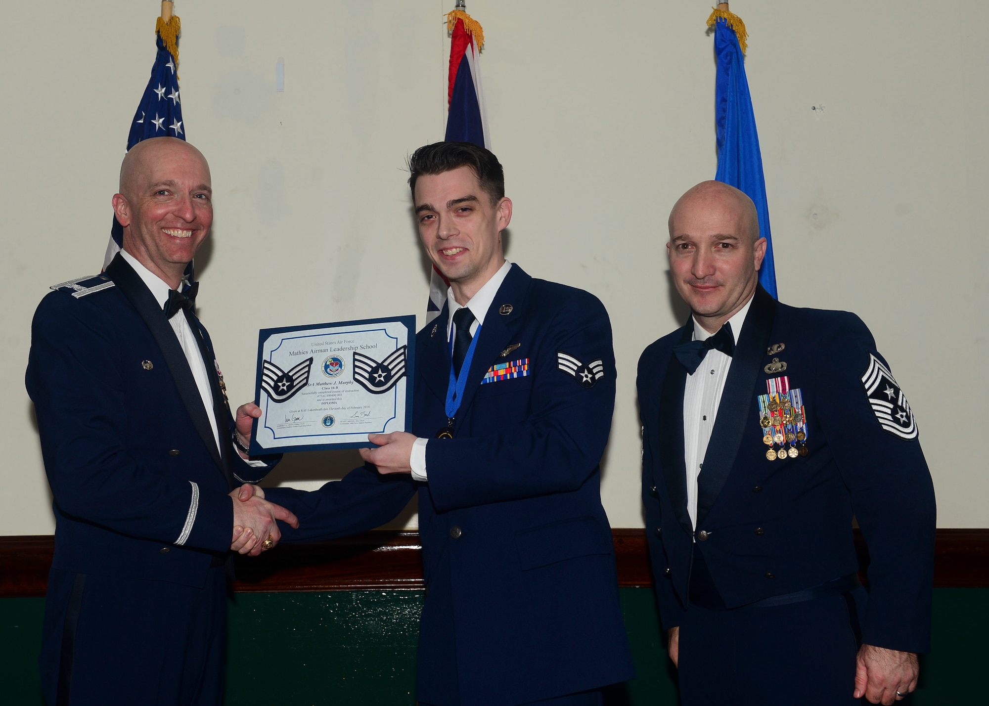 Airmen graduated from Mathies Airman Leadership School, Royal Air Force Feltwell, England at RAF Lakenheath, Feb. 11, 2016. ALS strives to provide Airmen with the ability to be strategic thinkers, planners and warfighters as well as leadership and management skills. (U.S. Air Force photo by Senior Airman Nigel Sandridge/Released)