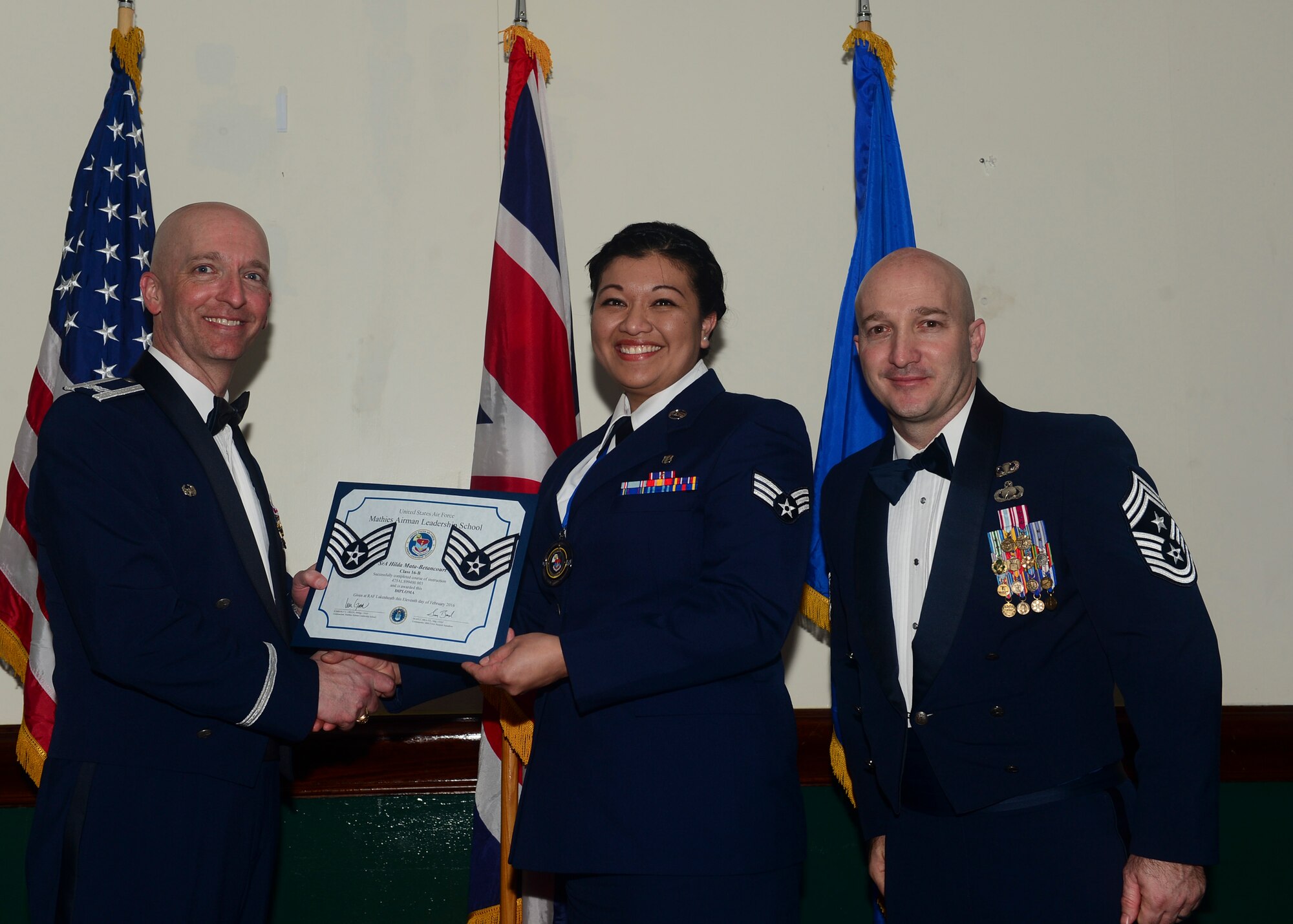 Airmen graduated from Mathies Airman Leadership School, Royal Air Force Feltwell, England at RAF Lakenheath, Feb. 11, 2016. ALS strives to provide Airmen with the ability to be strategic thinkers, planners and warfighters as well as leadership and management skills. (U.S. Air Force photo by Senior Airman Nigel Sandridge/Released)