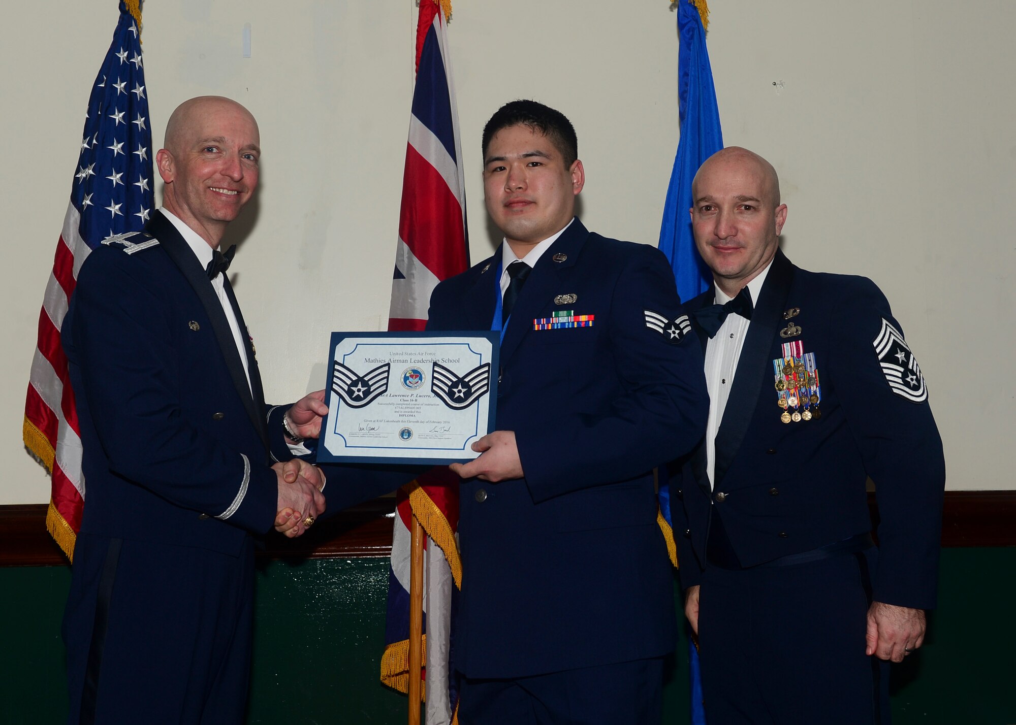 Airmen graduated from Mathies Airman Leadership School, Royal Air Force Feltwell, England at RAF Lakenheath, Feb. 11, 2016. ALS strives to provide Airmen with the ability to be strategic thinkers, planners and warfighters as well as leadership and management skills. (U.S. Air Force photo by Senior Airman Nigel Sandridge/Released)