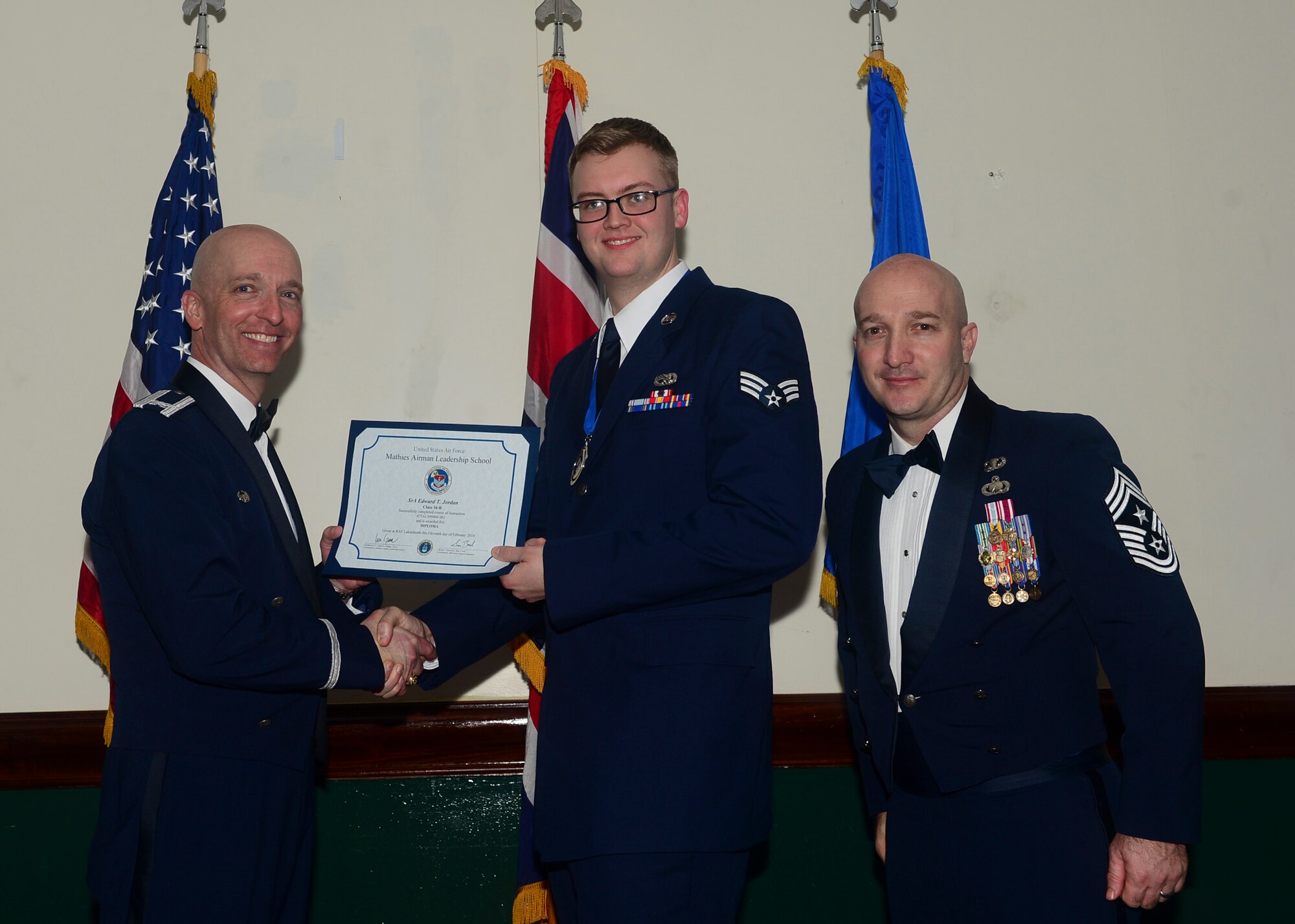 Airmen graduated from Mathies Airman Leadership School, Royal Air Force Feltwell, England at RAF Lakenheath, Feb. 11, 2016. ALS strives to provide Airmen with the ability to be strategic thinkers, planners and warfighters as well as leadership and management skills. (U.S. Air Force photo by Senior Airman Nigel Sandridge/Released)