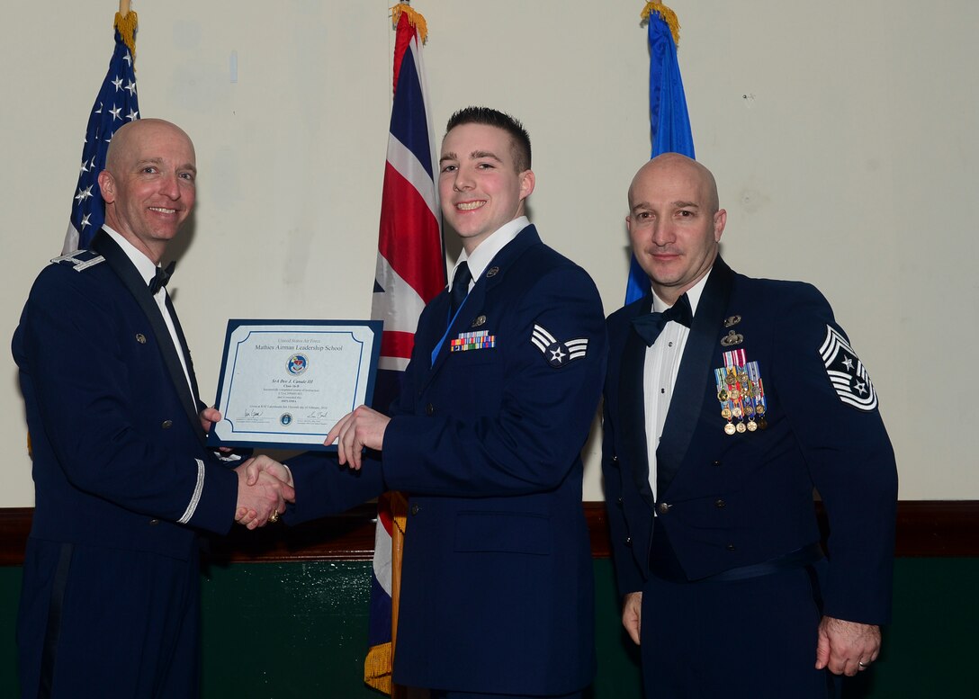 Airmen graduated from Mathies Airman Leadership School, Royal Air Force Feltwell, England at RAF Lakenheath, Feb. 11, 2016. ALS strives to provide Airmen with the ability to be strategic thinkers, planners and warfighters as well as leadership and management skills. (U.S. Air Force photo by Senior Airman Nigel Sandridge/Released)
