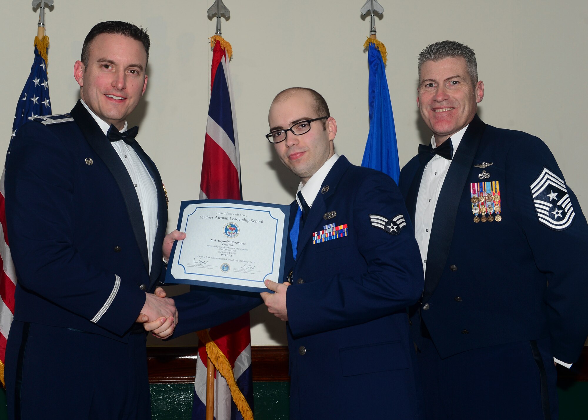 Airmen graduated from Mathies Airman Leadership School, Royal Air Force Feltwell, England at RAF Lakenheath, Feb. 11, 2016. ALS strives to provide Airmen with the ability to be strategic thinkers, planners and warfighters as well as leadership and management skills. (U.S. Air Force photo by Senior Airman Nigel Sandridge/Released)