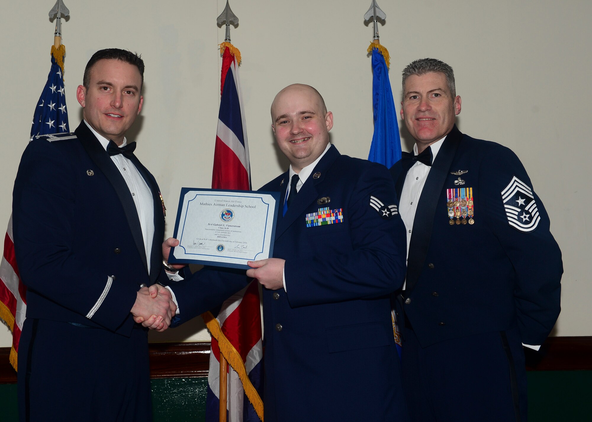 Airmen graduated from Mathies Airman Leadership School, Royal Air Force Feltwell, England at RAF Lakenheath, Feb. 11, 2016. ALS strives to provide Airmen with the ability to be strategic thinkers, planners and warfighters as well as leadership and management skills. (U.S. Air Force photo by Senior Airman Nigel Sandridge/Released)