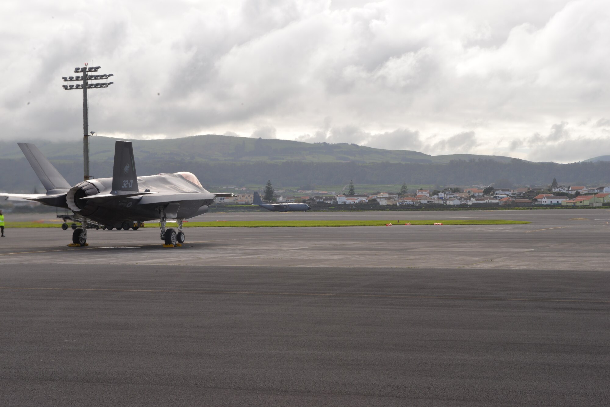 Air Force F-35A Lightning II lands at Lajes Field, Azores Portugal February 3, 2016. The Italian F-35A Lightning II refueled at Lajes Field on the first trans-Atlantic Ocean crossing from Cameri, Air Base Italy to Naval Air Station Patuxent River, Md., Feb 3-5. (U.S. Air Force photo by 1st Lt. Alexandra Trobe/Released)  
 
