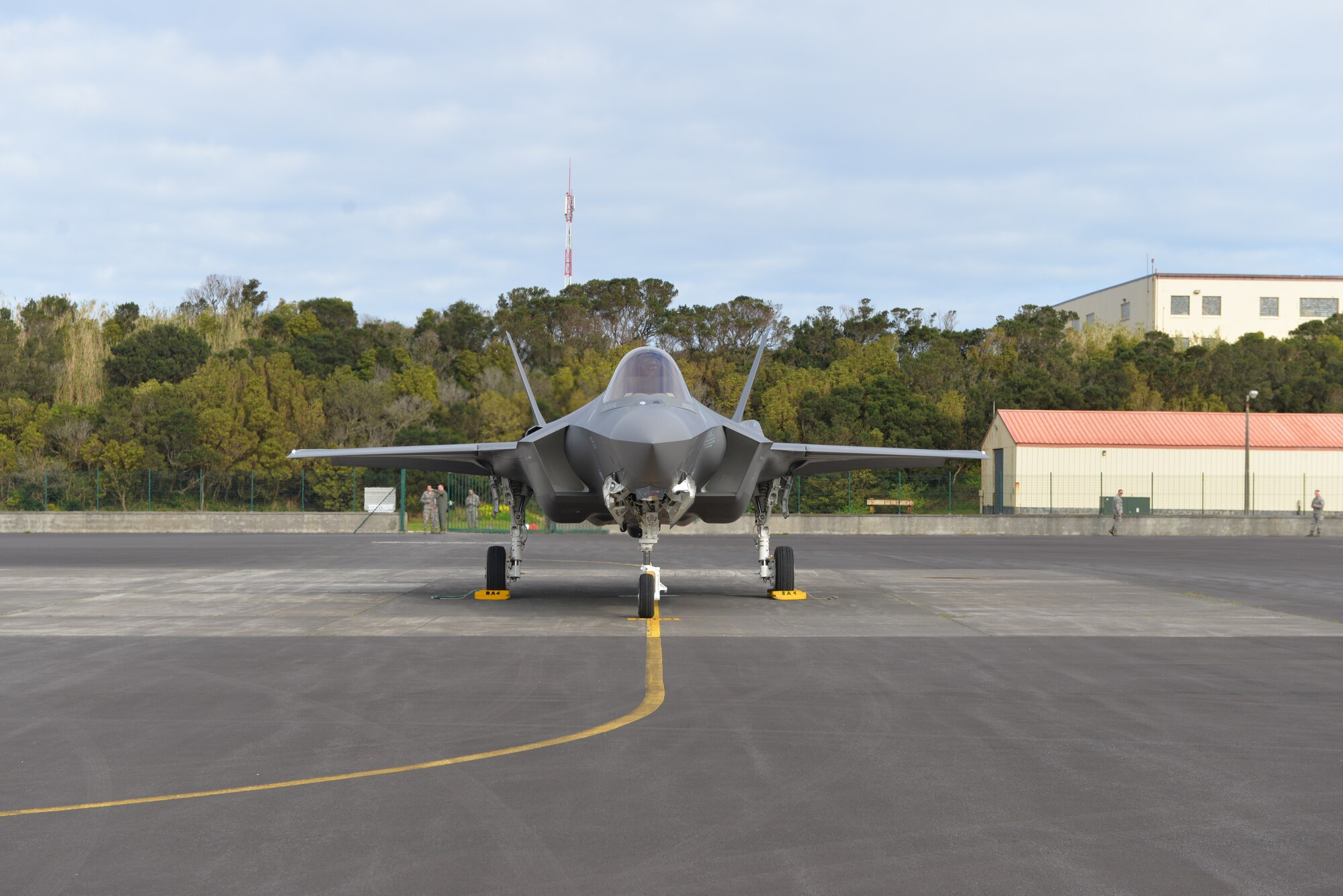 Air Force F-35A Lightning II lands at Lajes Field, Azores Portugal February 3, 2016. The Italian F-35A Lightning II refueled at Lajes Field on the first trans-Atlantic Ocean crossing from Cameri, Air Base Italy to Naval Air Station Patuxent River, Md., Feb 3-5. (U.S. Air Force photo by 1st Lt. Alexandra Trobe/Released)  
 
