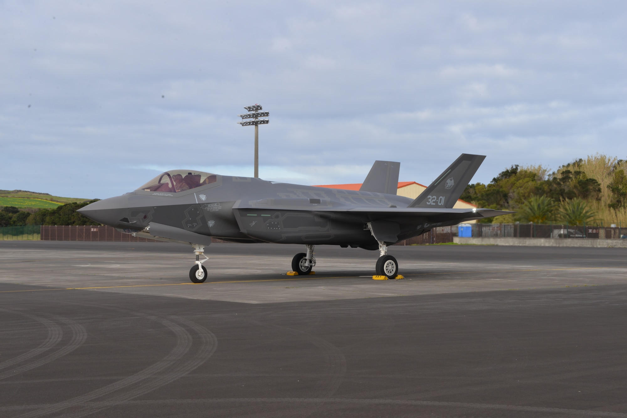 Air Force F-35A Lightning II lands at Lajes Field, Azores Portugal February 3, 2016. The Italian F-35A Lightning II refueled at Lajes Field on the first trans-Atlantic Ocean crossing from Cameri, Air Base Italy to Naval Air Station Patuxent River, Md., Feb 3-5. (U.S. Air Force photo by Ricky Baptista/Released)  
 
