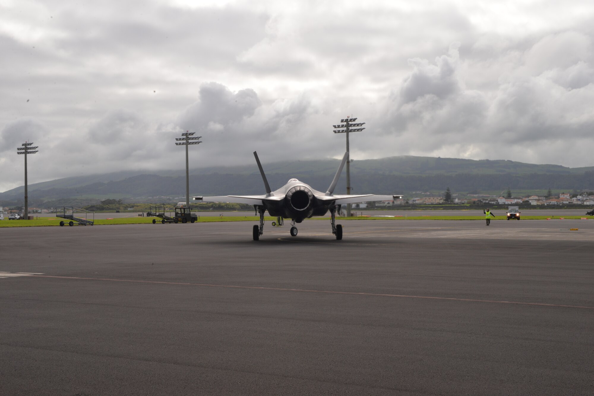 Air Force F-35A Lightning II lands at Lajes Field, Azores Portugal February 3, 2016. The Italian F-35A Lightning II refueled at Lajes Field on the first trans-Atlantic Ocean crossing from Cameri, Air Base Italy to Naval Air Station Patuxent River, Md., Feb 3-5. (U.S. Air Force photo by Ricky Baptista/Released)  
 
