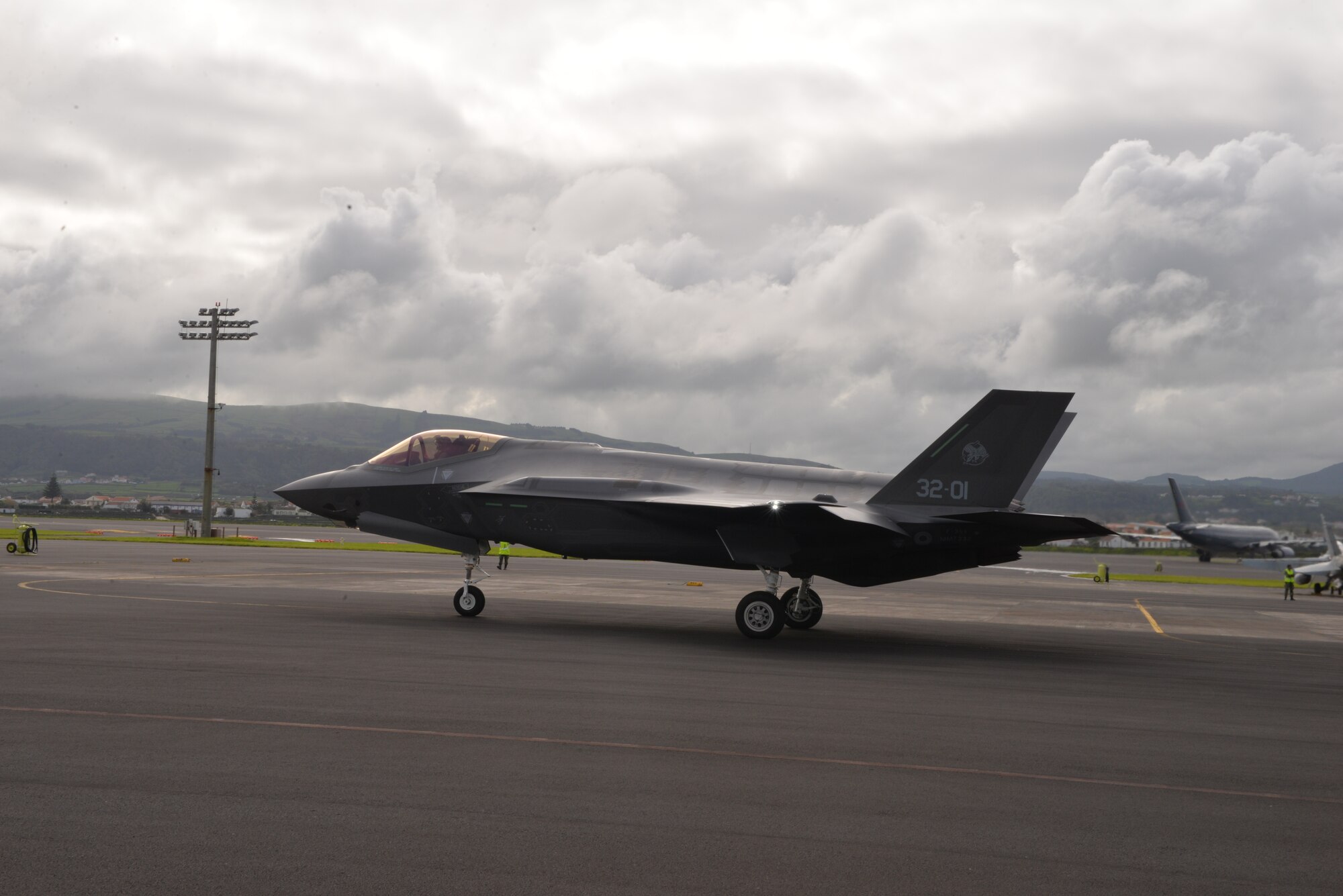 Air Force F-35A Lightning II lands at Lajes Field, Azores Portugal February 3, 2016. The Italian F-35A Lightning II refueled at Lajes Field on the first trans-Atlantic Ocean crossing from Cameri, Air Base Italy to Naval Air Station Patuxent River, Md., Feb 3-5. (U.S. Air Force photo by 1st Lt. Alexandra Trobe/Released)  
 
