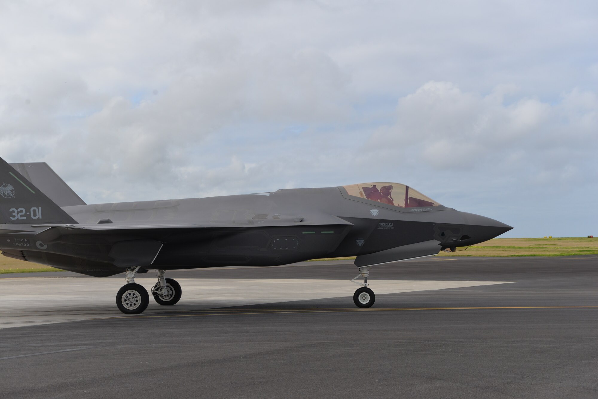 Air Force F-35A Lightning II lands at Lajes Field, Azores Portugal February 3, 2016. The Italian F-35A Lightning II refueled at Lajes Field on the first trans-Atlantic Ocean crossing from Cameri, Air Base Italy to Naval Air Station Patuxent River, Md., Feb 3-5. (U.S. Air Force photo by 1st Lt. Alexandra Trobe/Released) 