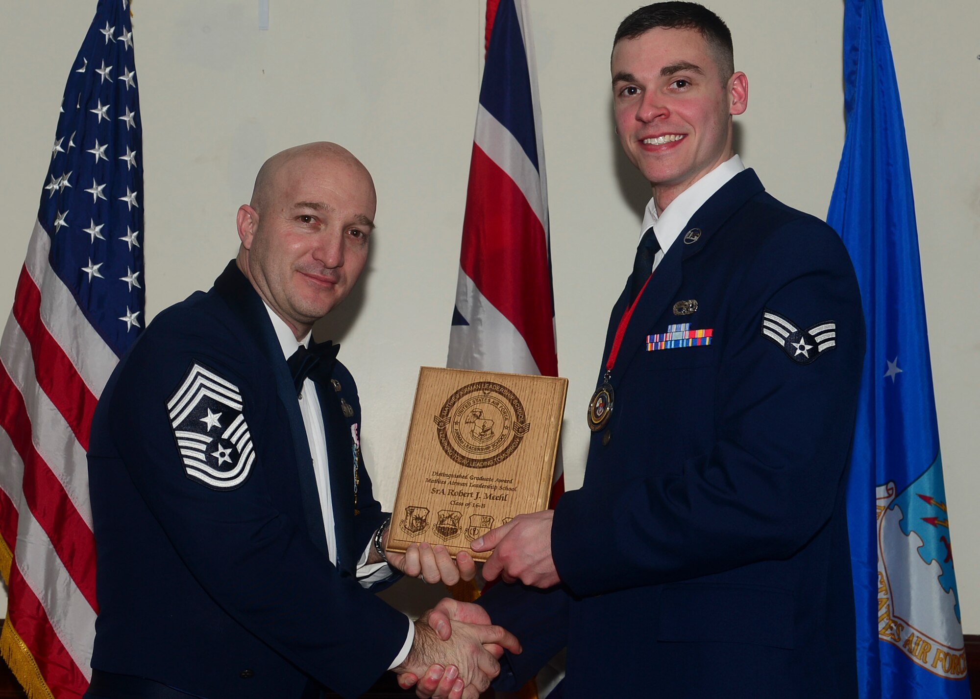 Airmen graduated from Mathies Airman Leadership School, Royal Air Force Feltwell, England at RAF Lakenheath, Feb. 11, 2016. ALS strives to provide Airmen with the ability to be strategic thinkers, planners and warfighters as well as leadership and management skills. (U.S. Air Force photo by Senior Airman Nigel Sandridge/Released)