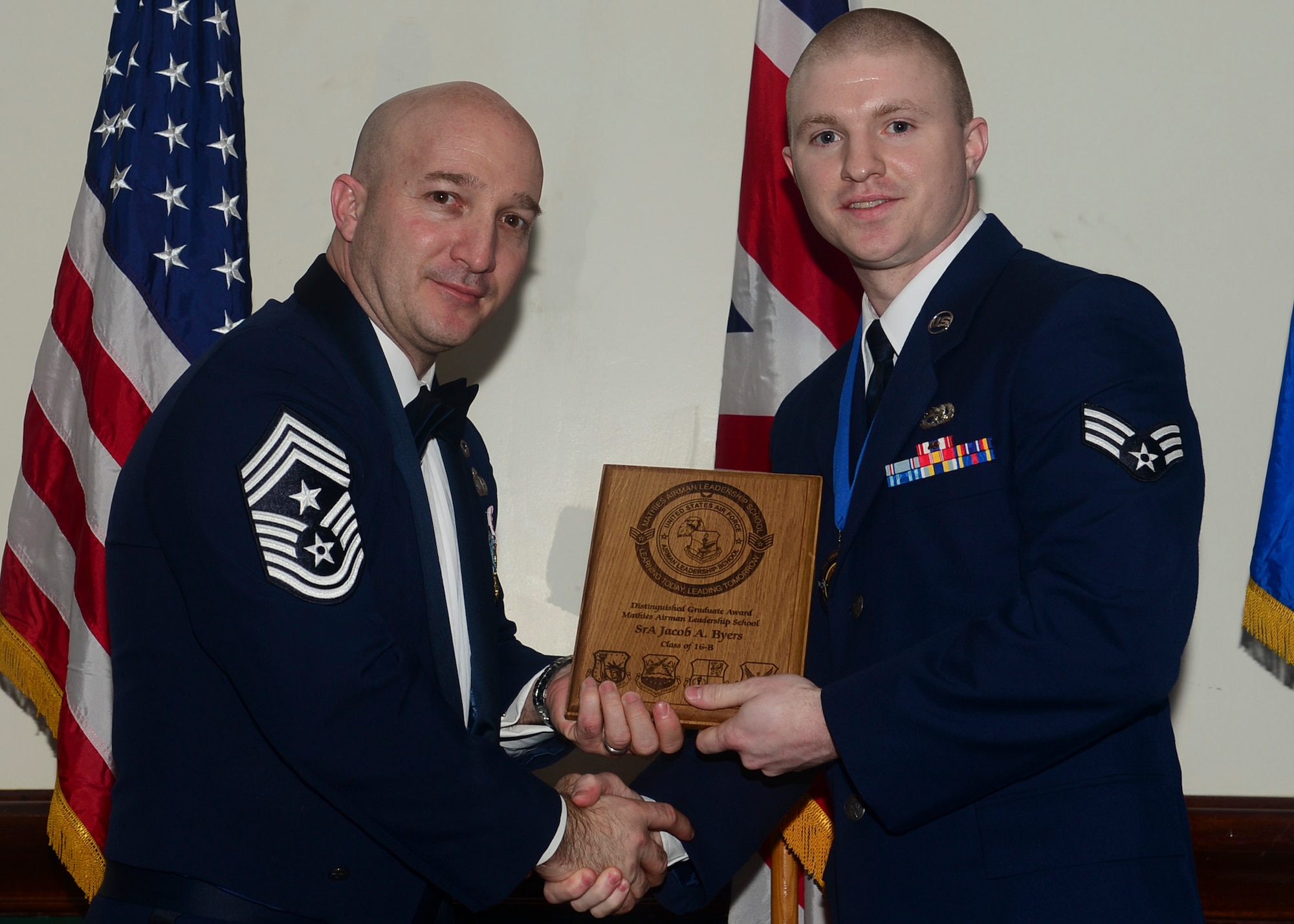 Airmen graduated from Mathies Airman Leadership School, Royal Air Force Feltwell, England at RAF Lakenheath, Feb. 11, 2016. ALS strives to provide Airmen with the ability to be strategic thinkers, planners and warfighters as well as leadership and management skills. (U.S. Air Force photo by Senior Airman Nigel Sandridge/Released)