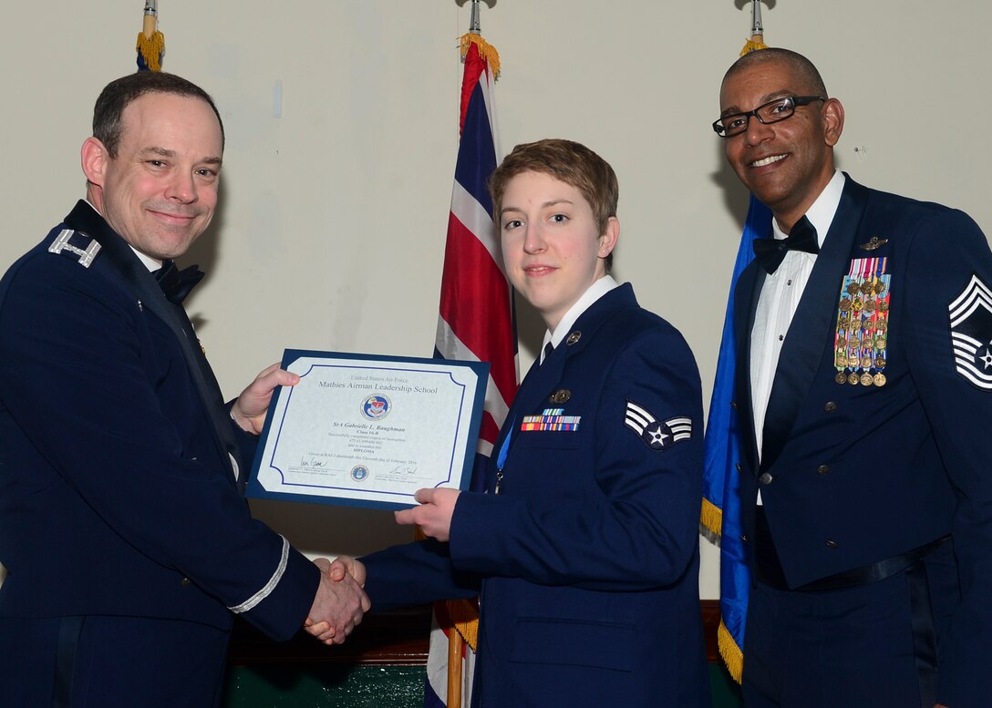 Airmen graduated from Mathies Airman Leadership School, Royal Air Force Feltwell, England at RAF Lakenheath, Feb. 11, 2016. ALS strives to provide Airmen with the ability to be strategic thinkers, planners and warfighters as well as leadership and management skills. (U.S. Air Force photo by Senior Airman Nigel Sandridge/Released)