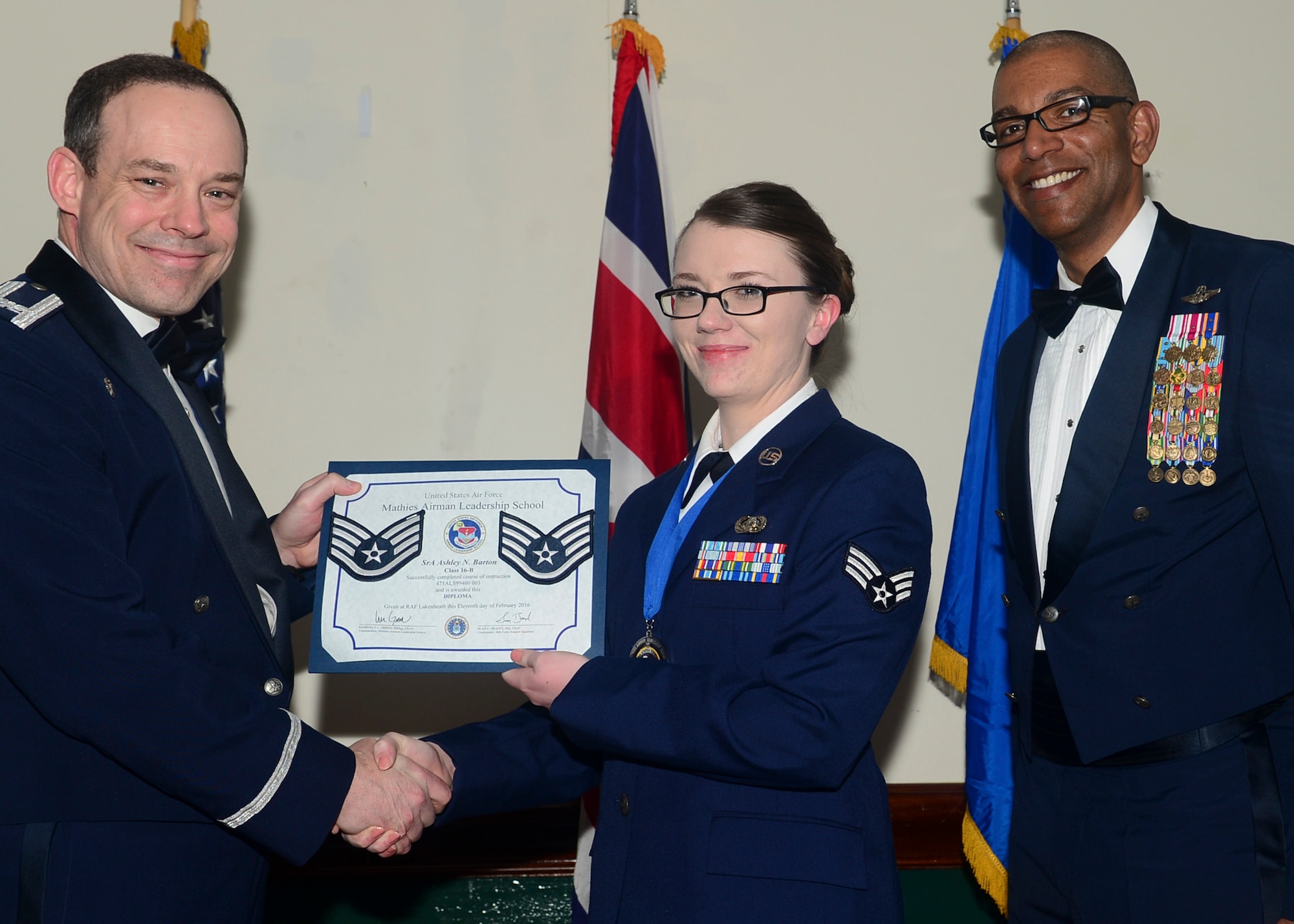 Airmen graduated from Mathies Airman Leadership School, Royal Air Force Feltwell, England at RAF Lakenheath, Feb. 11, 2016. ALS strives to provide Airmen with the ability to be strategic thinkers, planners and warfighters as well as leadership and management skills. (U.S. Air Force photo by Senior Airman Nigel Sandridge/Released)