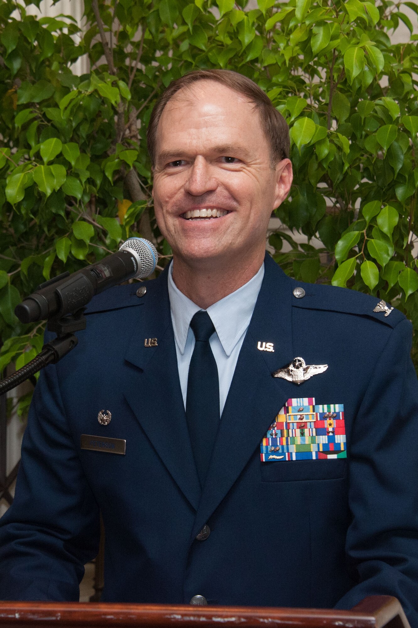 Air Force Col. Michael Peterson, speaks during the International Honor Roll induction ceremony on Maxwell Air Force Base, Ala., Feb. 3, 2016. The ceremony was held to honor select alumni attending the International Officer School at the Carl A. Spaatz Center for Officer Education, who have attained a prominent position in their country. 