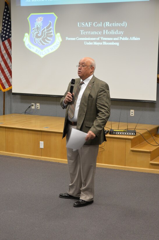 WESTHAMPTON BEACH, New York- Colonel (retired) Terrance Holiday talks about the importance of the 369th Infantry to the 106th Rescue Wing for the African American History Celebration, February 6th, 2016.

Colonel Terrance Holiday, who had one uncle who served with the famed
Tuskegee Airmen-the all black 332nd Fighter Group-during World War II, and another who fought with the 369th Infantry, the Harlem Hellfighters, during World War I, told wing members that there is so much more to learn concerning the roles that African Americans played in the military.

The purpose of the National African American History Month Celebration at the 106th Rescue Wing is to highlight contributions African Americans have made throughout the history of our country, their struggle for freedom and equality, and to deepen the understanding of our own history as a nation.


(U.S. Air National Guard/ Staff Sgt. Blake Mize/ released)