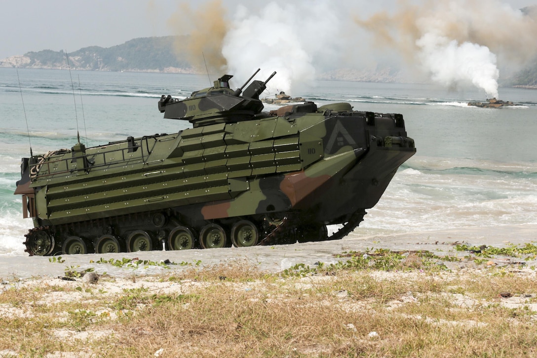 A U.S. Marine Corps amphibious combat vehicle comes ashore during Exercise Cobra Gold at Hat Yao, Rayong, Thailand, Feb. 11, 2016.  Cobra Gold is a multinational training exercise developed to strengthen security and interoperability with participating nations. U.S. Marine Corps photo by Lance Cpl. Eryn L. Edelman