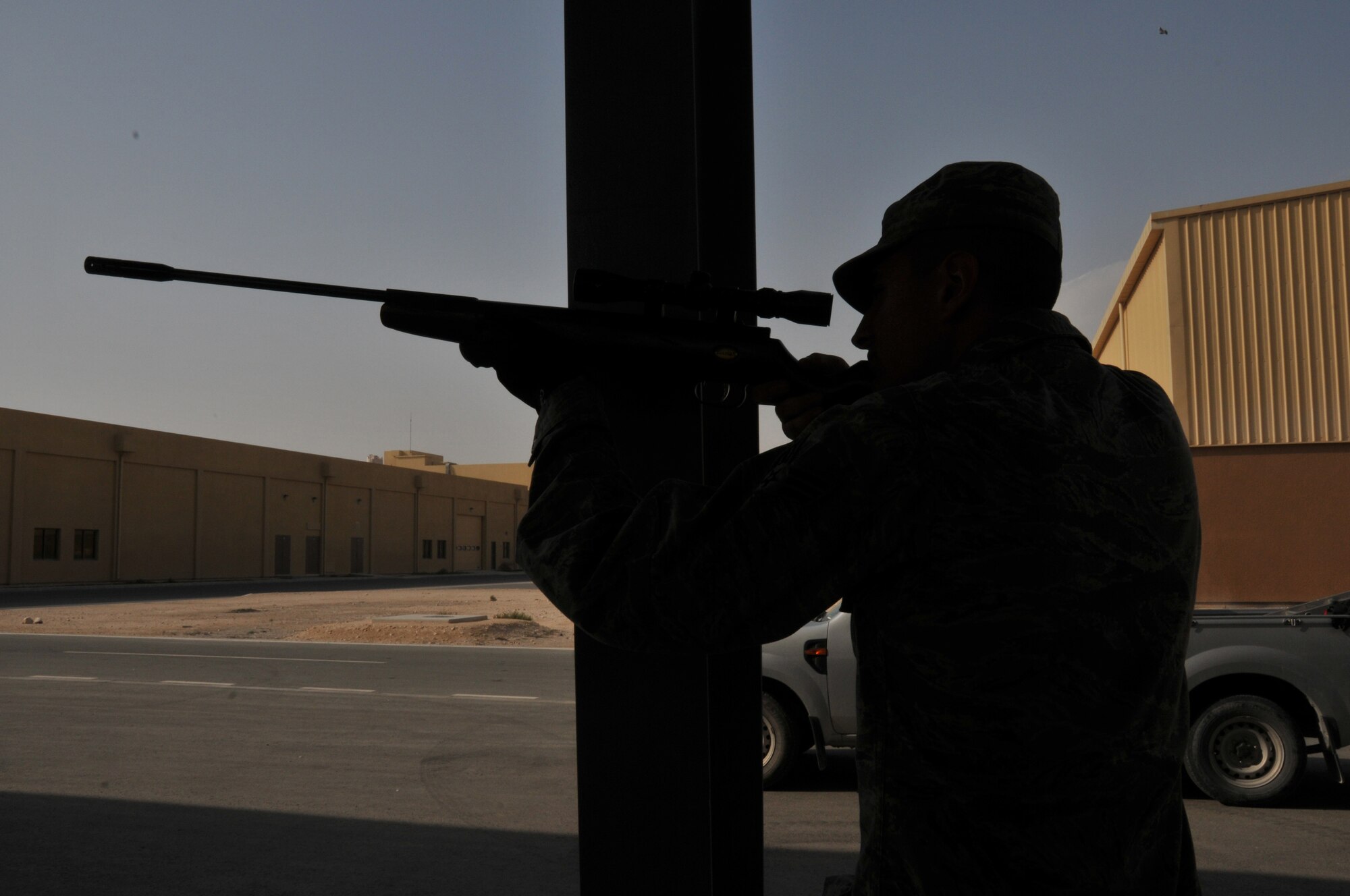 Senior Airman Jonathan McDonald, 379th Expeditionary Civil Engineer Squadron pest management technician, prevents potential damage to aircraft by bird depredation Feb. 8 at Al Udeid Air Base, Qatar. Bird strikes in 2015 cost $8,430 in aircraft repairs. (U.S. Air Force photo by Tech. Sgt. Terrica Y. Jones/Released) 