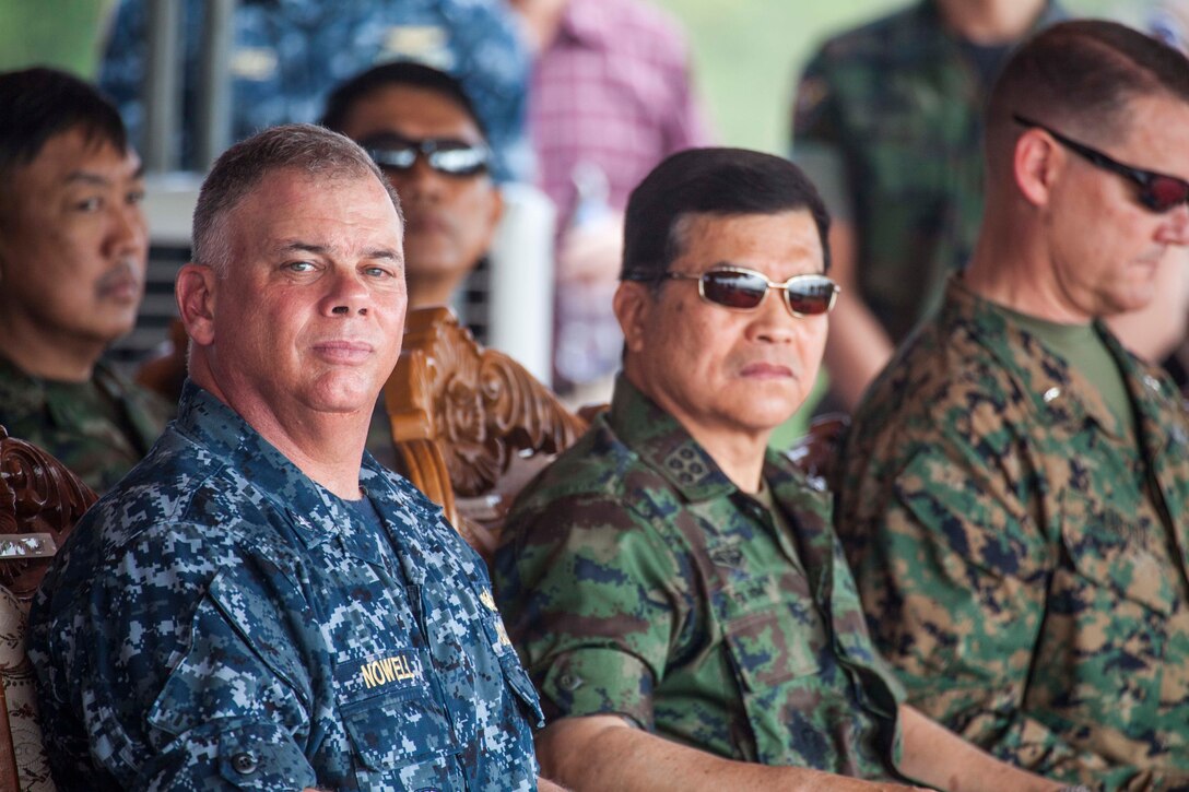 U.S. Navy Rear Admiral John B. Nowell Jr., Commander  Expeditionary Strike Group 7, Amphibious Force 7th Fleet sits on the reviewing stand during an amphibious capabilities demonstration at Hat Yao beach, Rayong, Thailand, during exercise Cobra Gold 16, Feb. 12, 2016. CG16 a multinational training exercise developed to strengthen security and interoperability between the Kingdom of Thailand, the U.S. and other participating nations. 
