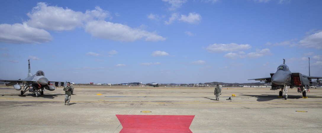 A U.S. Air Force F-22 "Raptor" fighter aircraft from Kadena Air Base, Japan, lands after conducting a flyover in the vicinity of Osan Air Base, South Korea, in response to recent provocative action by North Korea Feb. 17, 2016. Four Raptors were joined by four F-15 Slam Eagles and U.S. Air Force F-16 Fighting Falcons. The F-22 is designed to project air dominance rapidly and at great distances and currently cannot be matched by any known or projected fighter aircraft.  (U.S. Air Force photo by Tech. Sgt. Travis Edwards/Released)