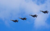 Four U.S. Air Force F-22 "Raptor" fighter aircraft from Kadena Air Base, Japan, conducted a flyover in the vicinity of Osan Air Base, South Korea, in response to recent provocative action by North Korea Feb. 17, 2016. The Raptors were joined by four F-15 Slam Eagles and U.S. Air Force F-16 Fighting Falcons. The F-22 is designed to project air dominance rapidly and at great distances and currently cannot be matched by any known or projected fighter aircraft.  (U.S. Air Force photo by Song, Kyong Hwan/Released)
