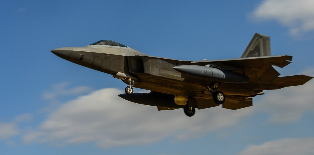 Four U.S. Air Force F-22 "Raptor" fighter aircraft from Kadena Air Base, Japan, conducted a flyover in the vicinity of Osan Air Base, South Korea, in response to recent provocative action by North Korea Feb. 17, 2016. The Raptors were joined by four F-15 Slam Eagles and U.S. Air Force F-16 Fighting Falcons. The F-22 is designed to project air dominance rapidly and at great distances and currently cannot be matched by any known or projected fighter aircraft.  (U.S. Air Force photo by Senior Airman Kristin High/Released)