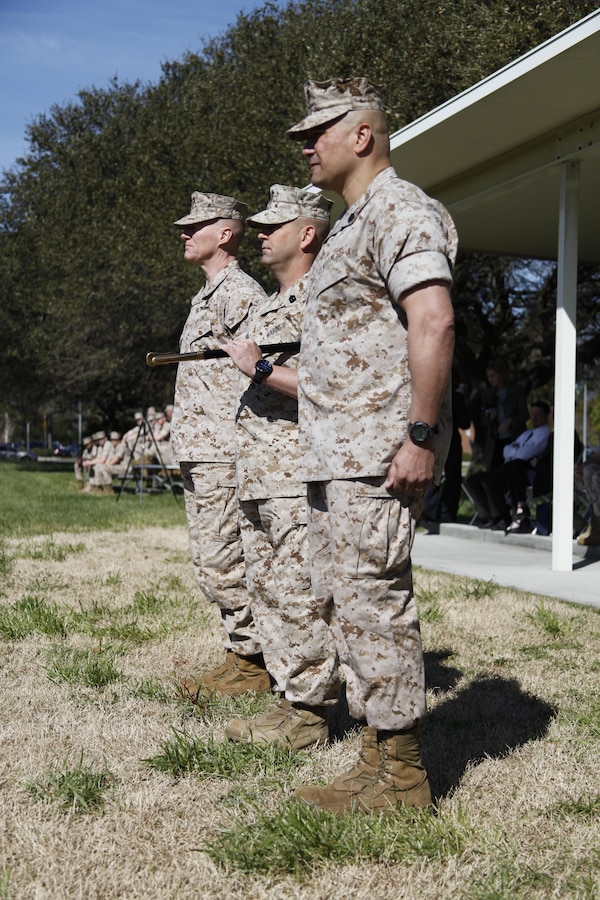 U.S. Marine Sgt. Maj. William Frye relinquishes his duties as the Regimental Sgt. Maj. to Sgt. Maj. Darby Noonan during a post and relief ceremony aboard Naval Station Norfolk, Va., April 2, 2015. Noonan is incoming from the position of Sgt. Maj. of 2nd Marine Special Operations Support Battalion. (U.S. Marine Corps photo by Sgt. Esdras Ruano/Released)