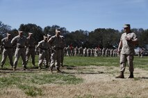 U.S. Marine Sgt. Maj. William Frye relinquishes his duties as the Regimental Sgt. Maj. to Sgt. Maj. Darby Noonan during a post and relief ceremony aboard Naval Station Norfolk, Va., April 2, 2015. Noonan is incoming from the position of Sgt. Maj. of 2nd Marine Special Operations Support Battalion. (U.S. Marine Corps photo by Sgt. Esdras Ruano/Released)