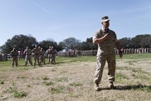 U.S. Marine Sgt. Maj. Darby Noonan addresses Marine Sailors and guests after receiving the duties of Regimental Sgt. Maj. of the Marine Corps Security Force Regiment aboard Naval Station Norfolk, Va., April 2, 2015. Noonan is incoming from the position of Sgt. Maj. of 2nd Marine Special Operations Support Battalion. (U.S. Marine Corps photo by Sgt. Esdras Ruano/Released)