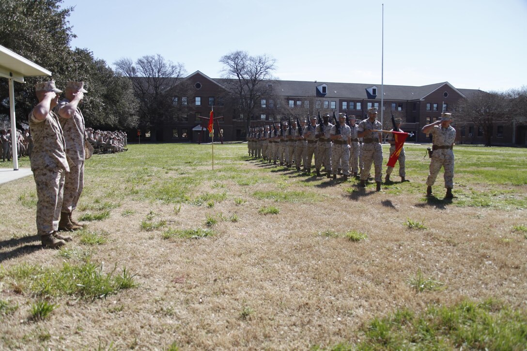 U.S. Marine Sgt. Maj. William Frye relinquishes his duties as the Regimental Sgt. Maj. to Sgt. Maj. Darby Noonan during a post and relief ceremony aboard Naval Station Norfolk, Va., April 2, 2015. Noonan is incoming from the position of Sgt. Maj. of 2nd Marine Special Operations Support Battalion. (U.S. Marine Corps photo by Sgt. Esdras Ruano/Released)