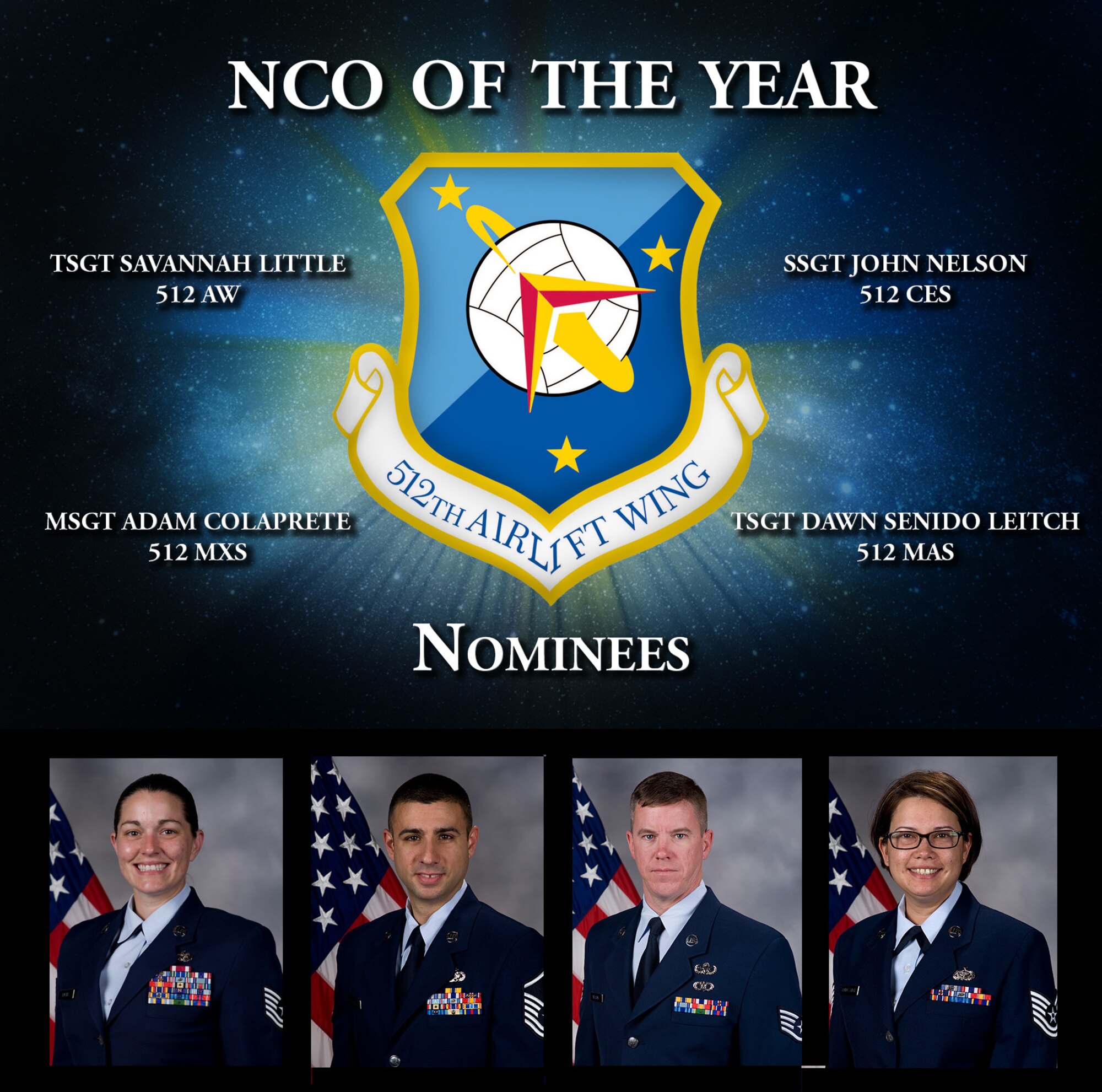 Four Liberty Wing NCOs vie for the honor to be named 512th Airlift Wing's NCO of the Year and the opportunity to compete at the Air Force Reserve Command-level competition. The winner will be announced at the wing's annual awards banquet March 5, 2016, in Dover, Del. (U.S. Air Force graphic)  
