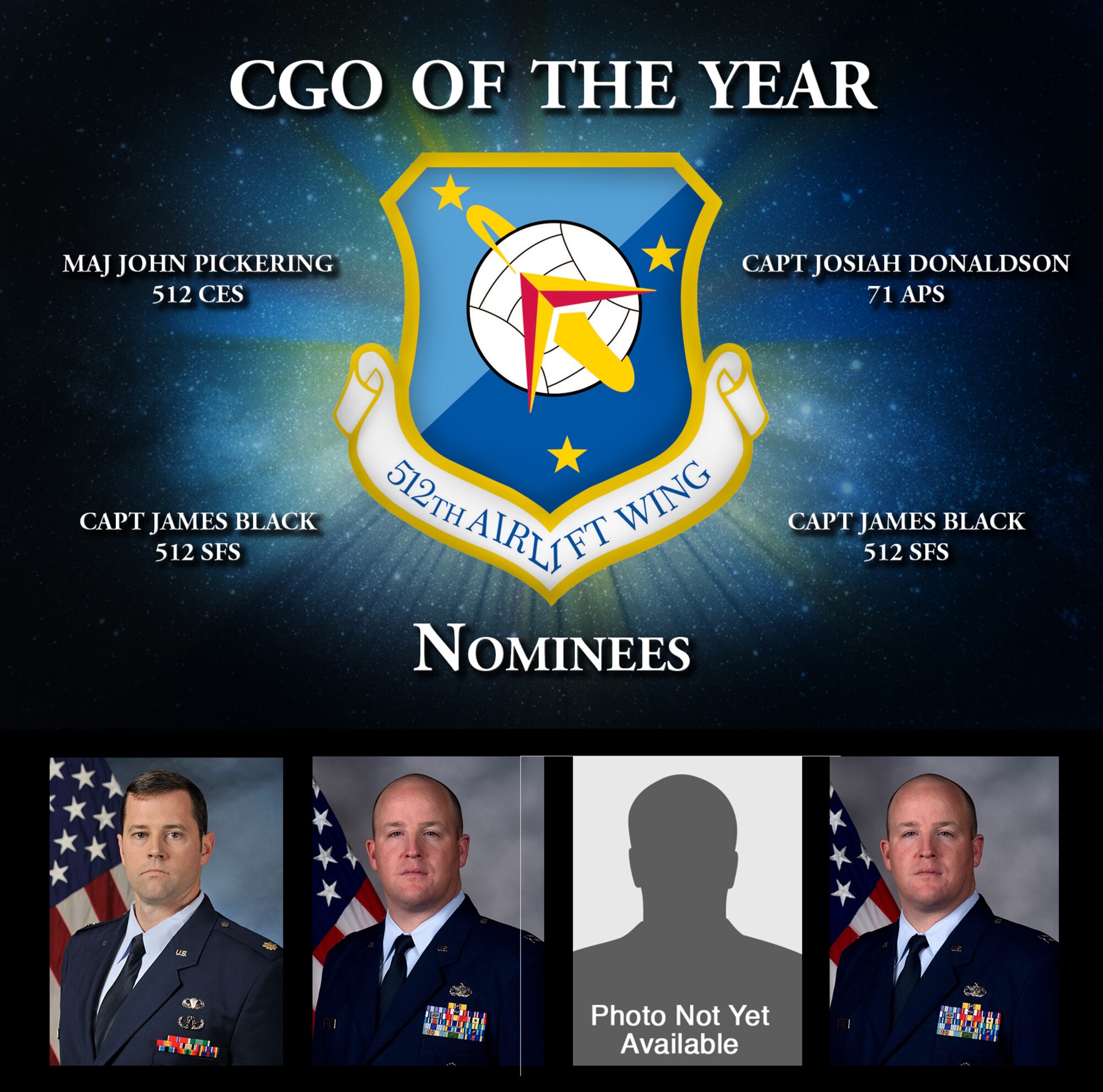 Four Liberty Wing officers vie for the honor to be named 512th Airlift Wing's Company Grade Officer of the Year and the opportunity to compete at the Air Force Reserve Command-level competition. The winner will be announced at the wing's annual awards banquet March 5, 2016, in Dover, Del. (U.S. Air Force graphic)  
