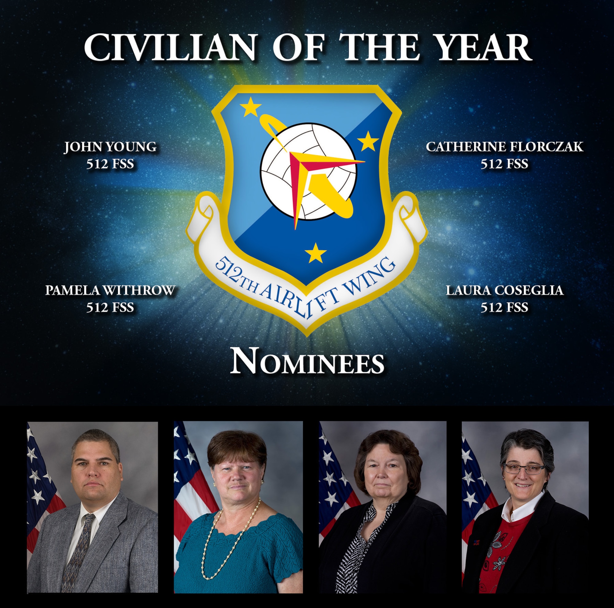 Four Liberty Wing employees vie for the honor to be named 512th Airlift Wing's Civilian of the Year and the opportunity to compete at the Air Force Reserve Command-level competition. The winner will be announced at the wing's annual awards banquet March 5, 2016, in Dover, Del. (U.S. Air Force graphic)  
